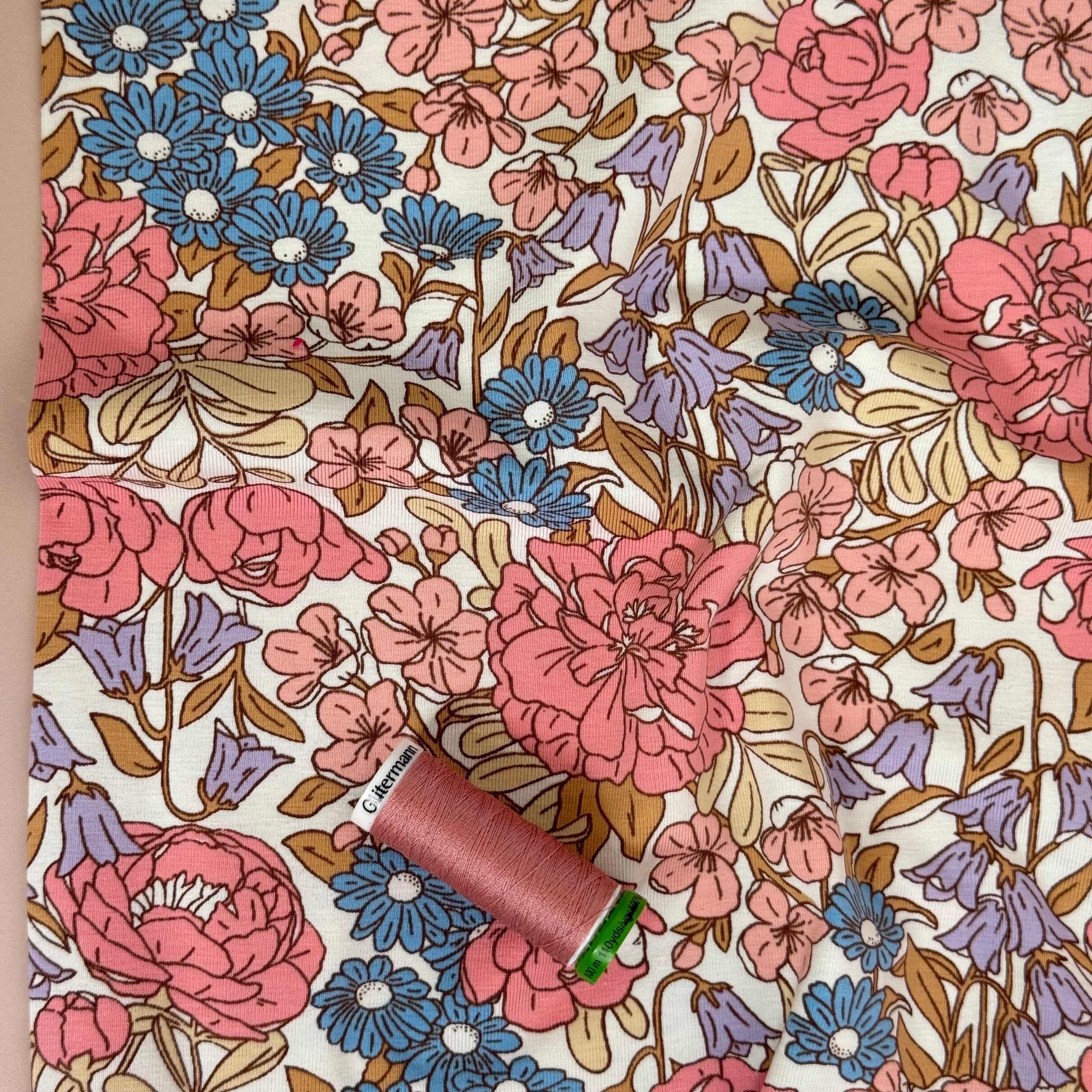Flower Garden Blush Cotton Jersey Fabric