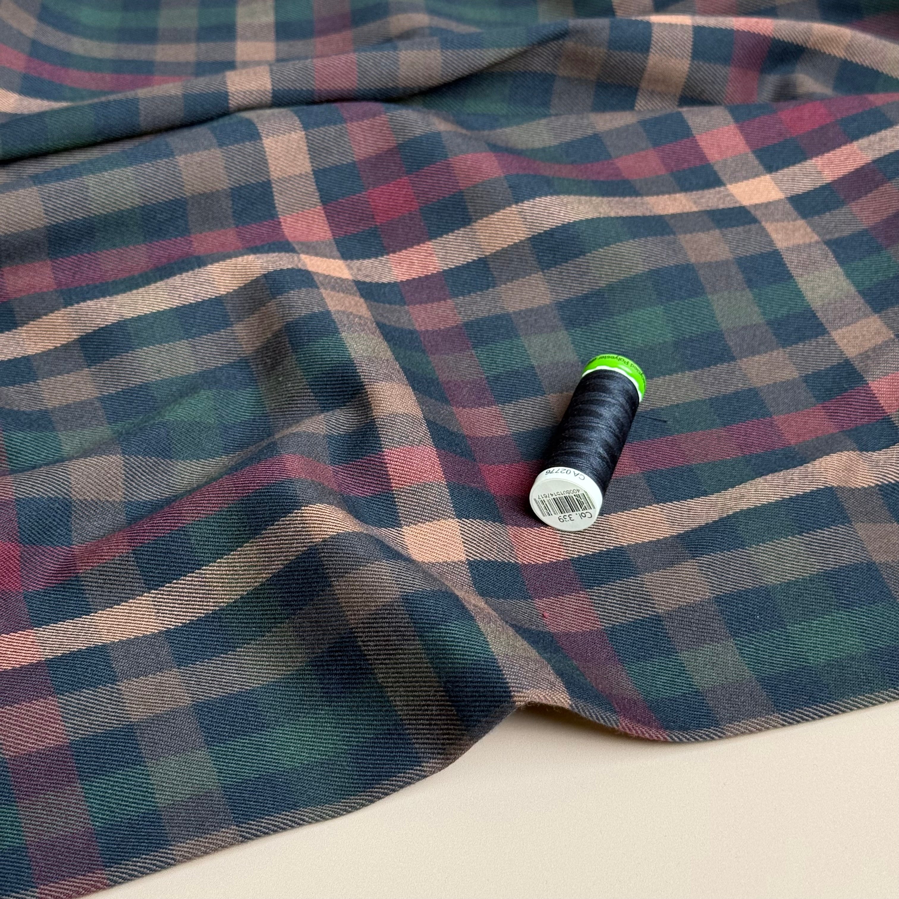 Tartan Check in Navy, Burgundy & Green Viscose Blend Trouser Fabric
