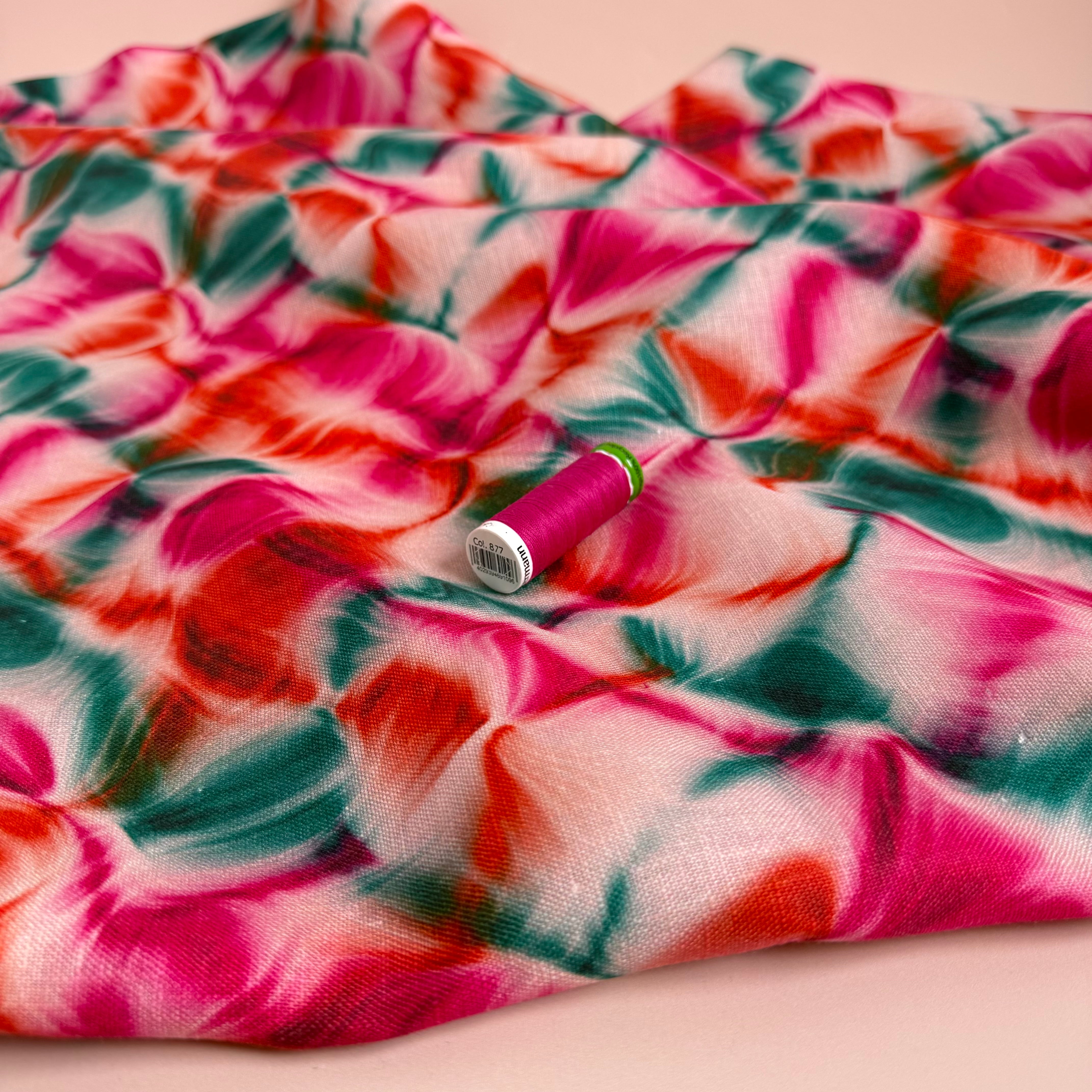 Liquid Gems on Pink Pure Linen Fabric