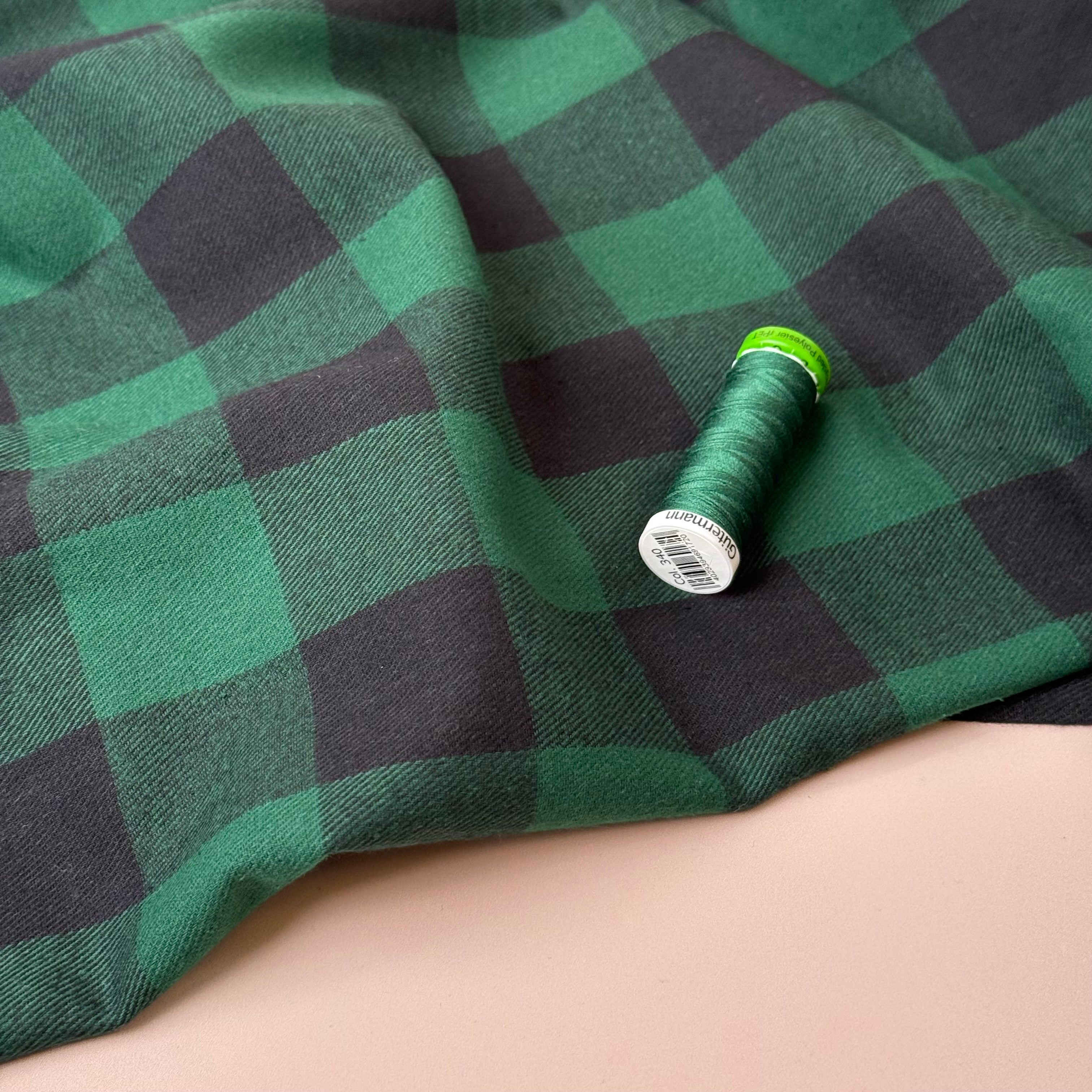 Gingham Black & Green Brushed Cotton Flannel