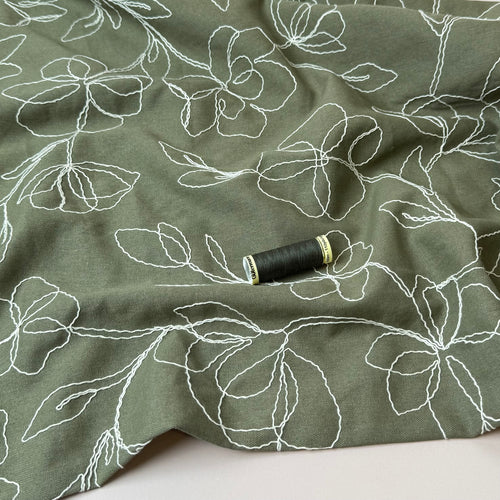 Embroidered Flowers Linen Viscose Blend Fabric in Dark Olive