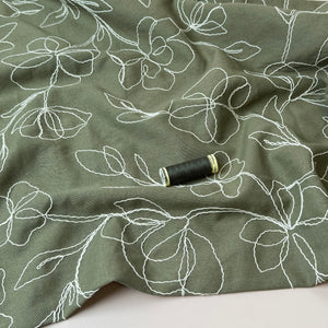 Embroidered Flowers Linen Viscose Blend Fabric in Dark Olive