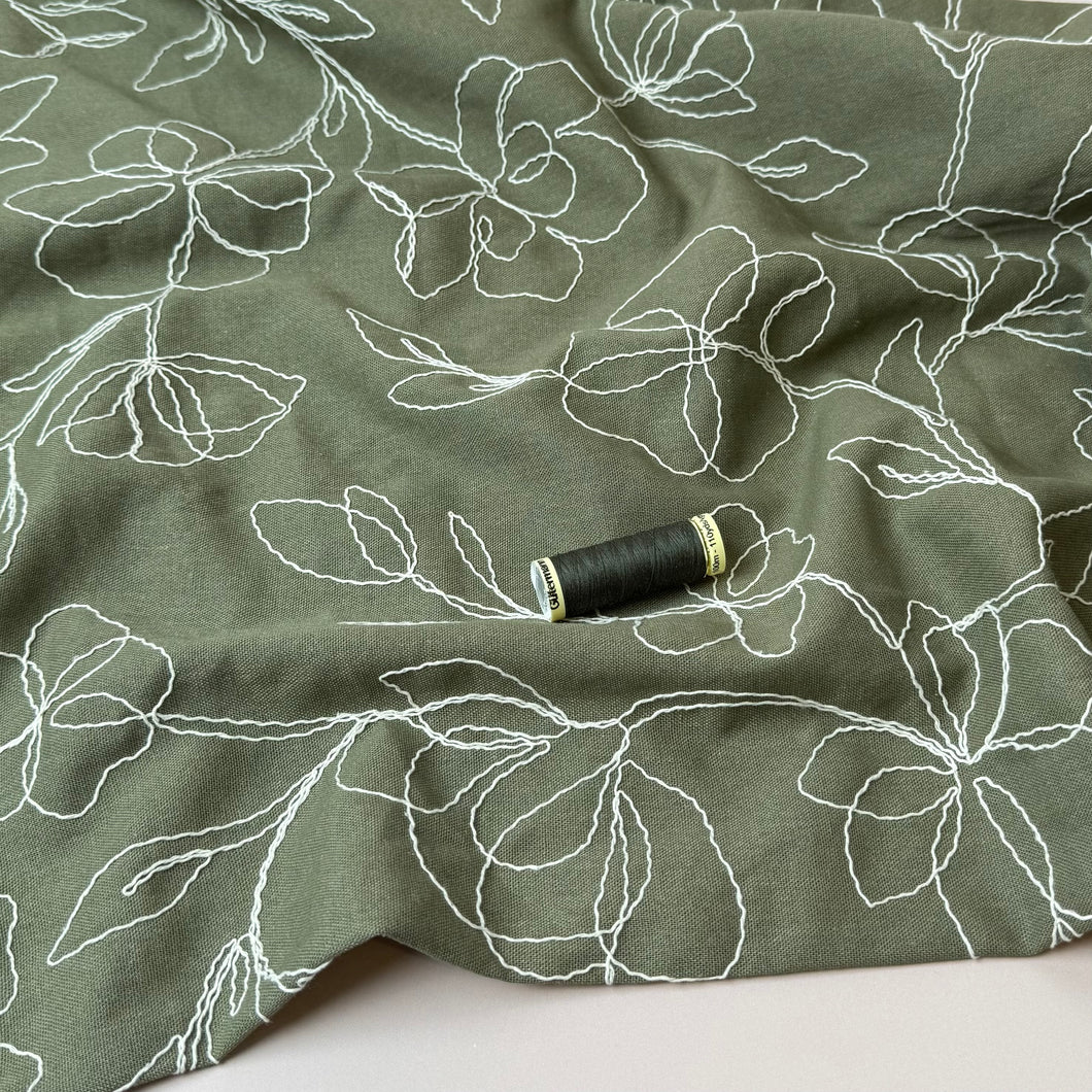 Embroidered Flowers Linen Viscose Blend Fabric in Dark Olive