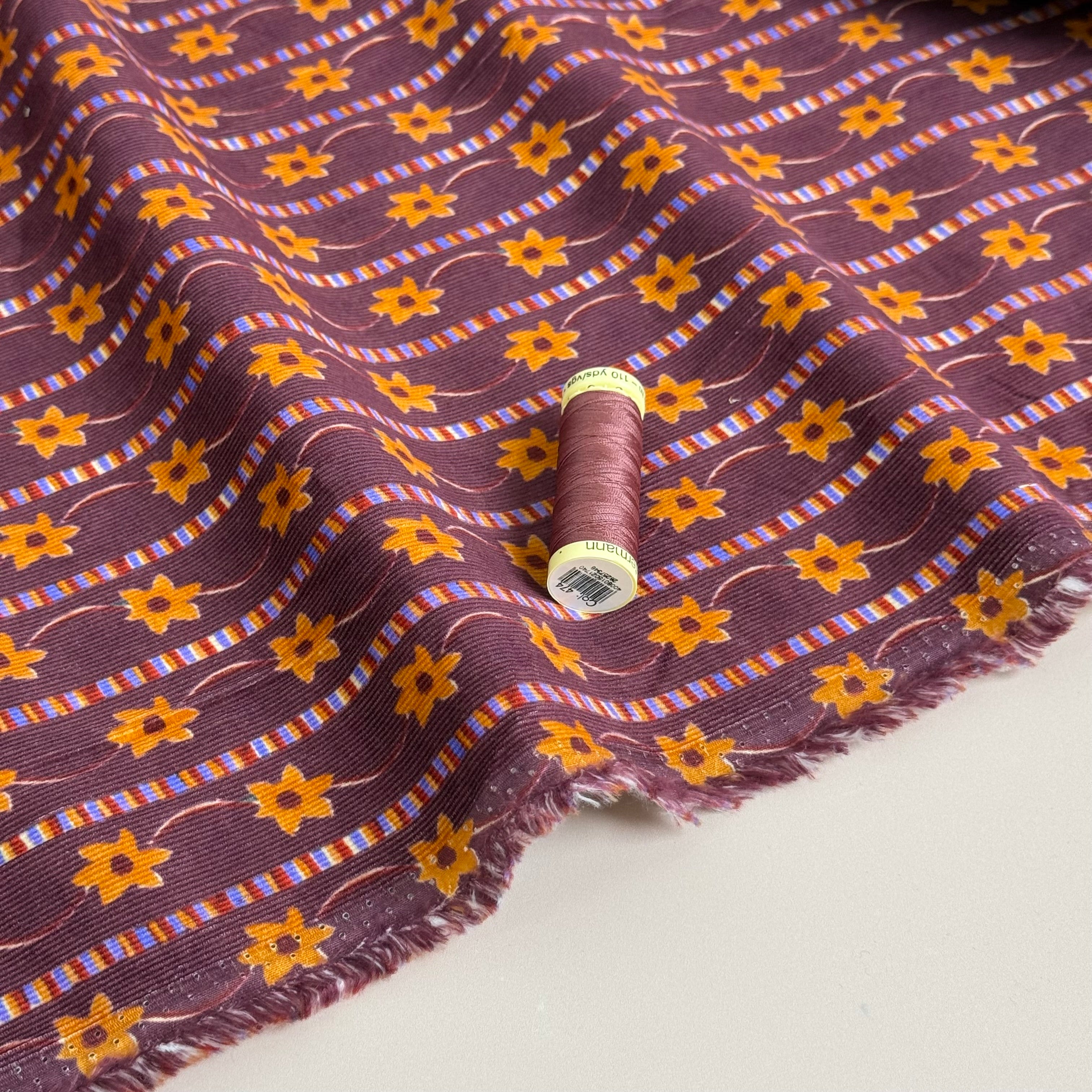 Flower Chain on Burgundy Cotton Needlecord
