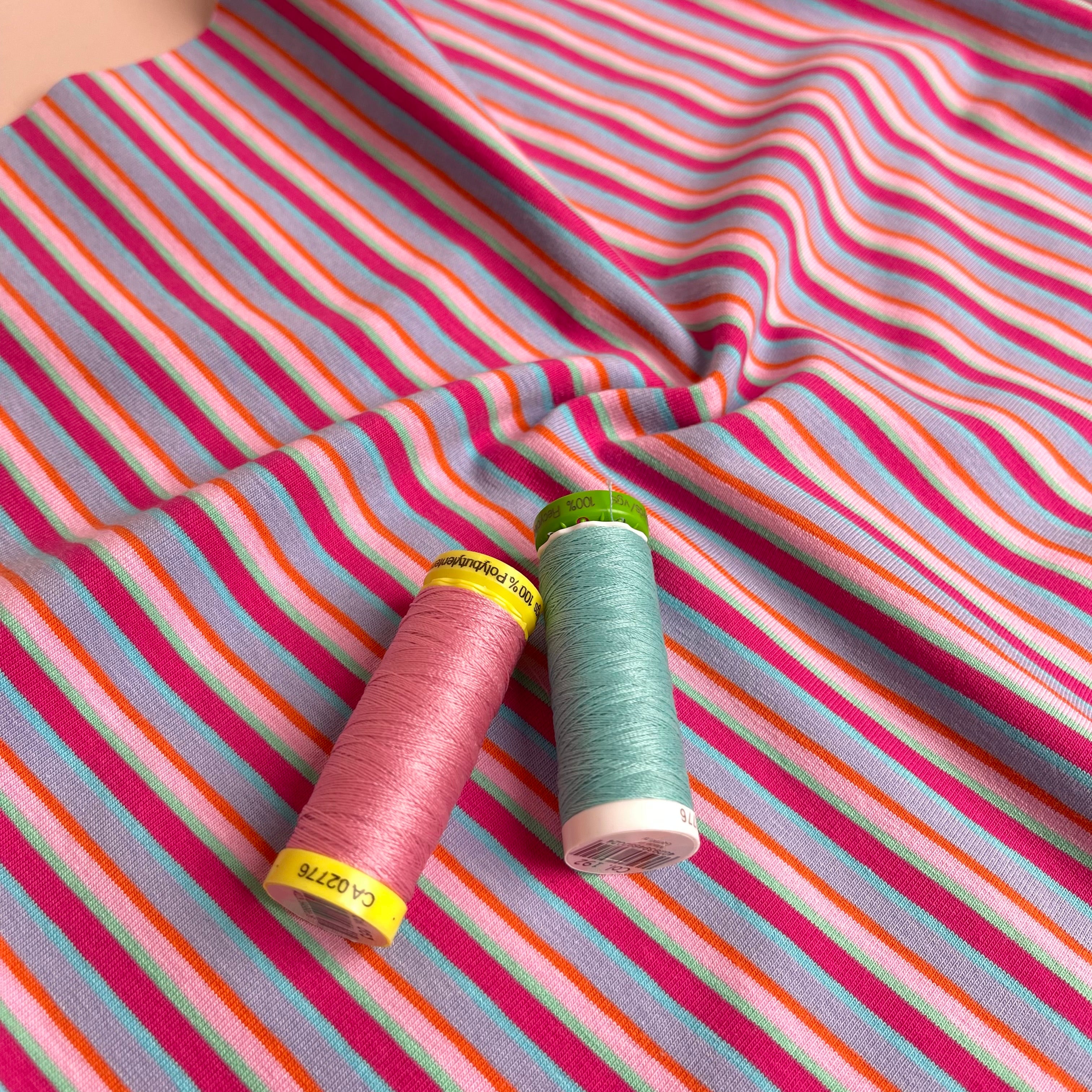 Rainbow Stripe in Pink and Blue Cotton Jersey Fabric