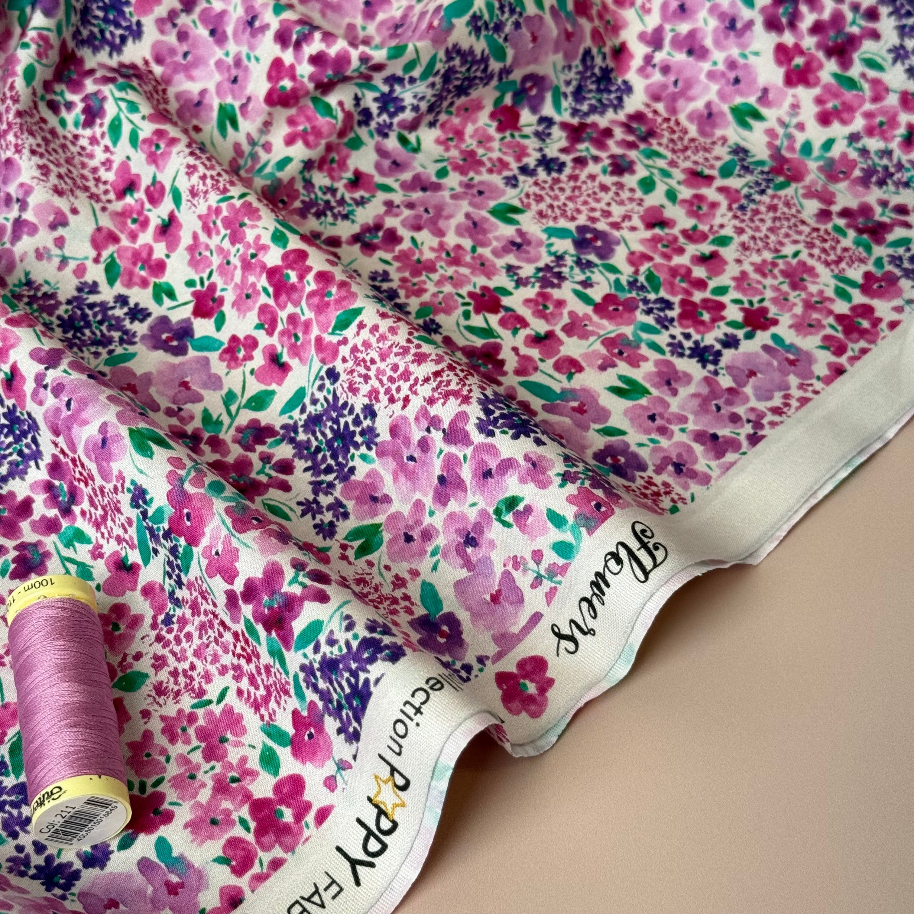 Small Watercolour Flowers on White Fine Cotton Poplin