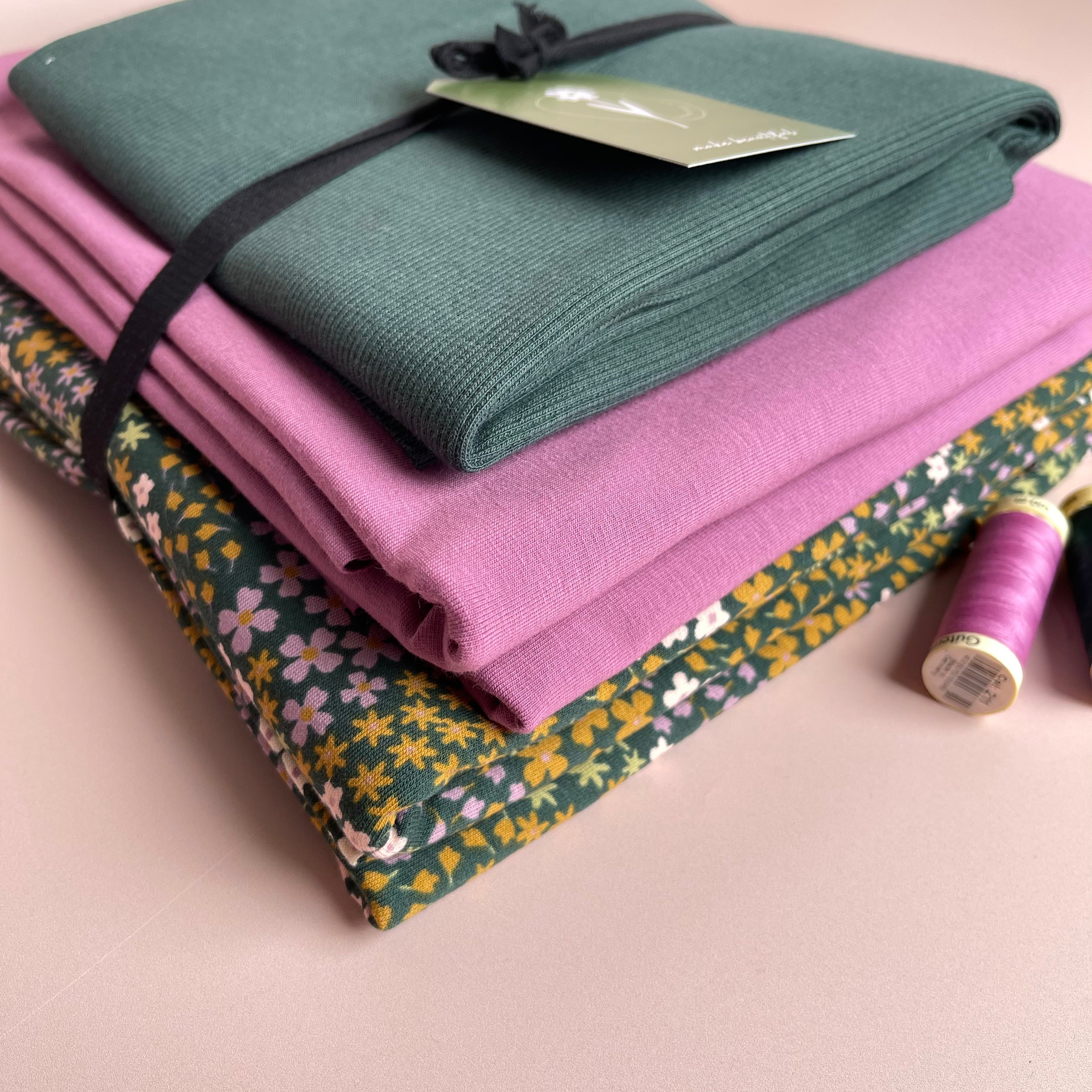Colour Bundles - Ditsy Flowers Green Cotton French Terry and Jersey with Ribbing