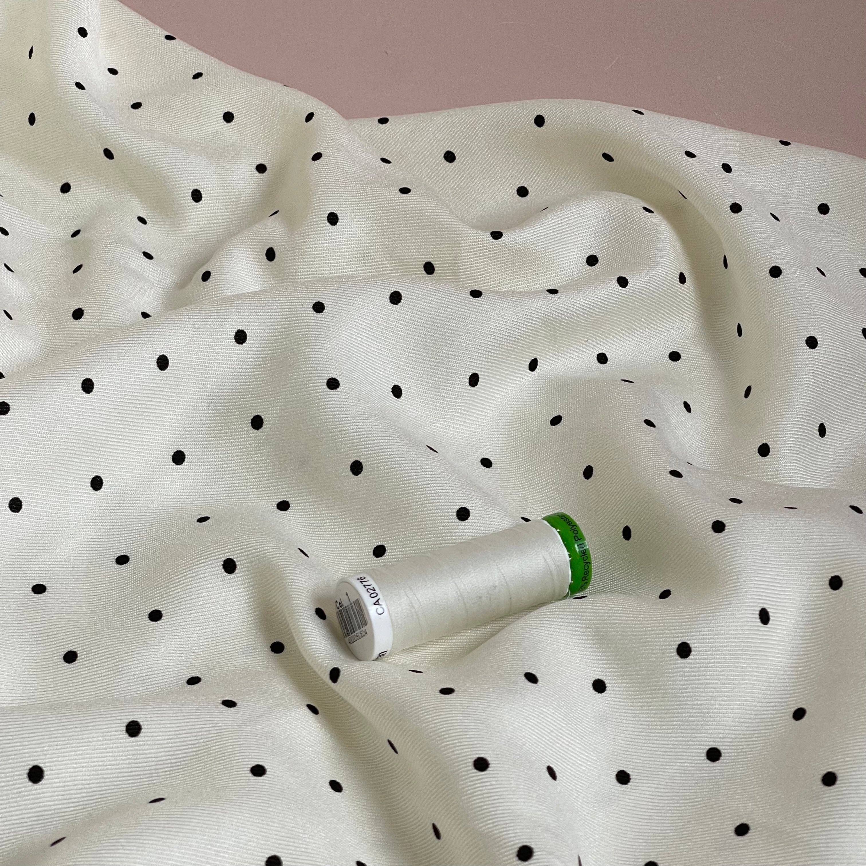 Ex-Designer Deadstock - Mini Polka Dot black on Off-White Viscose Twill Fabric