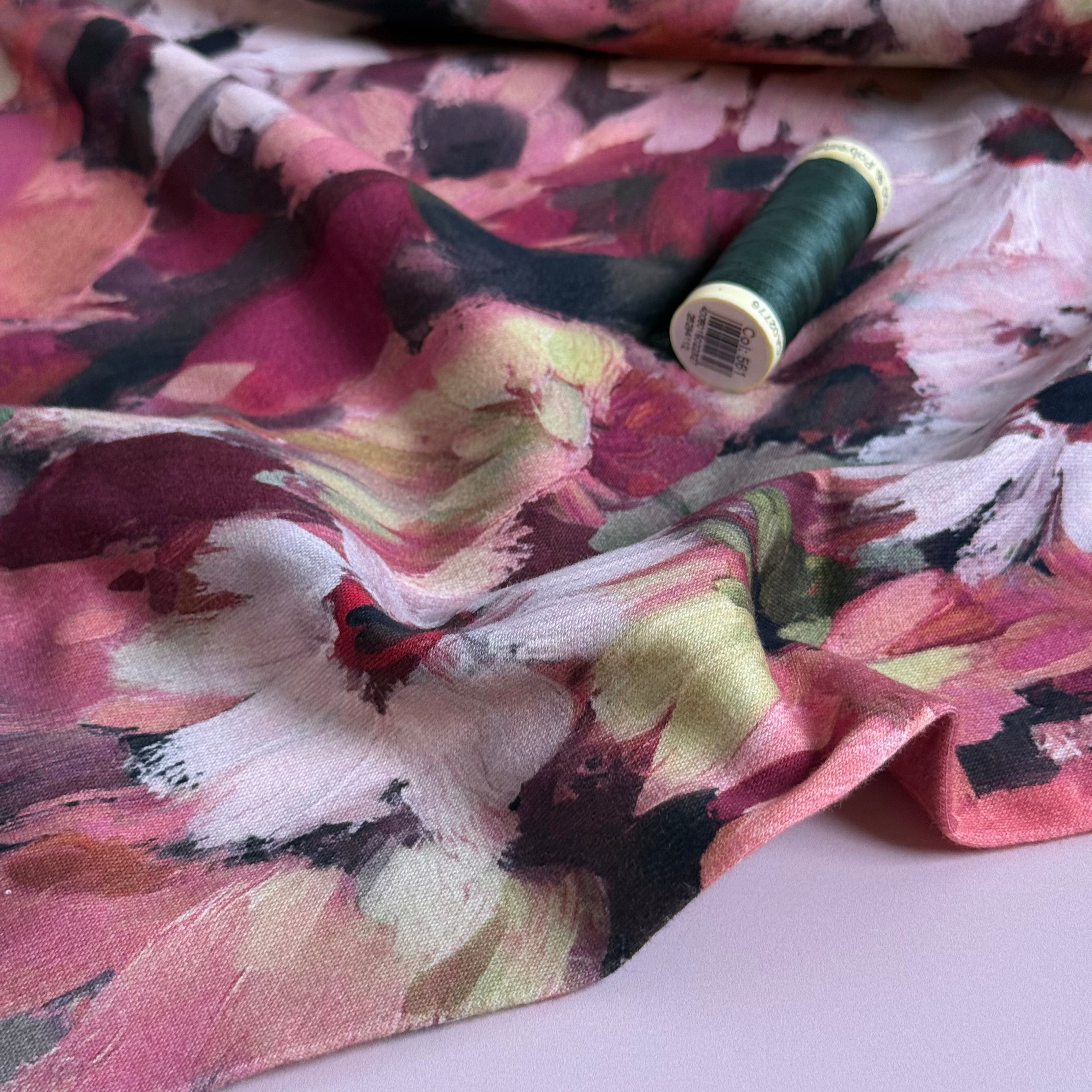 Painted Florals Burguny Cotton French Terry Fabric