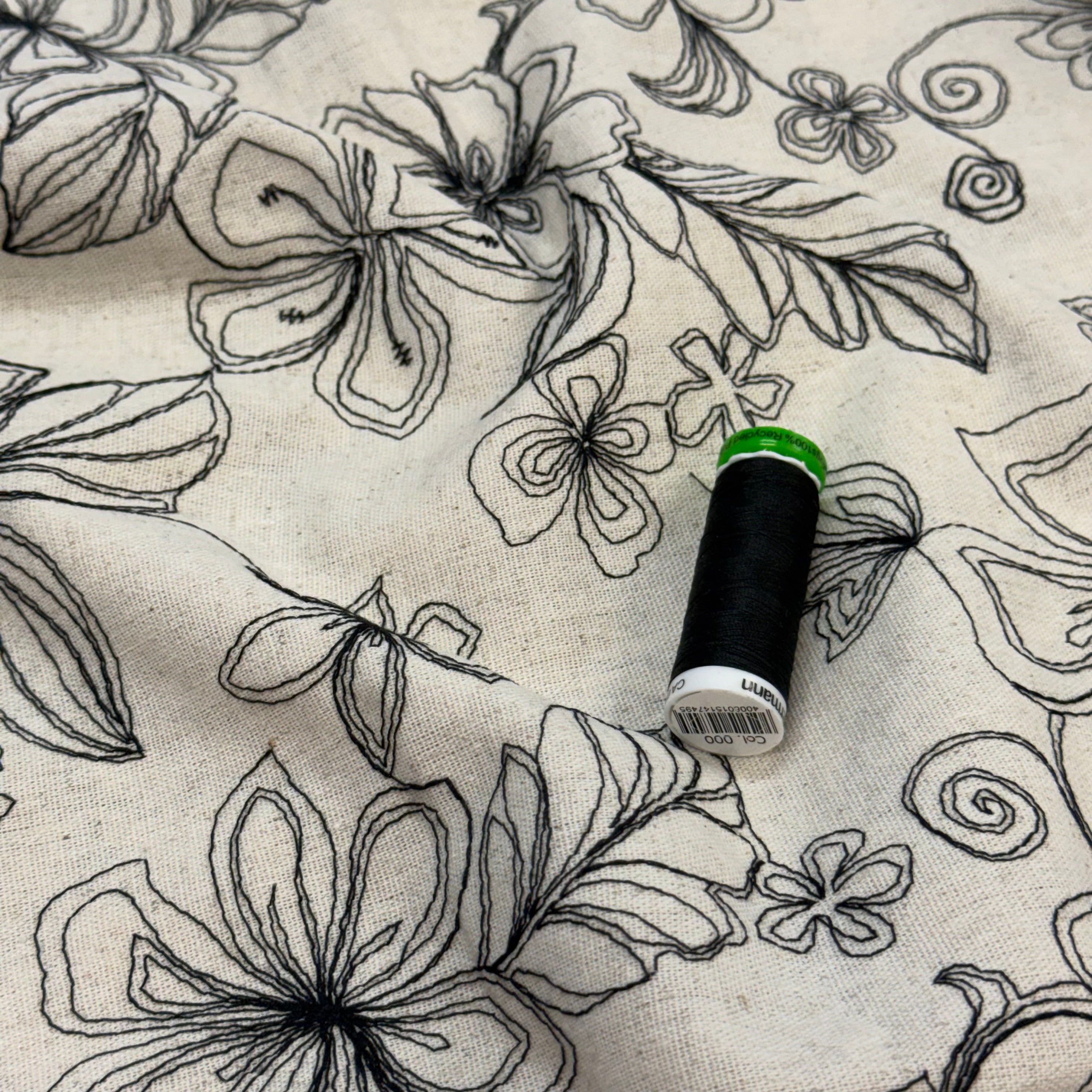 Embroidered Black Flowers on Natural Viscose Linen Blend Fabric