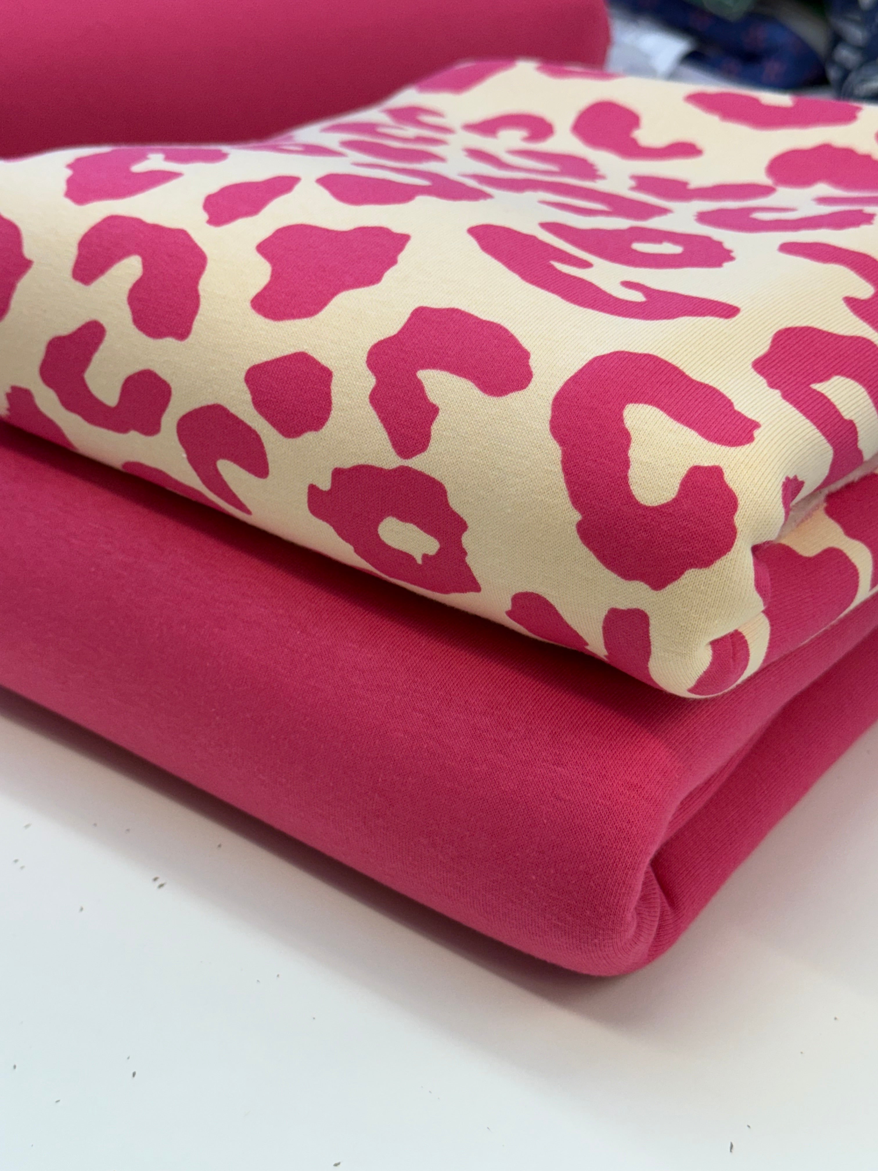 REMNANT 0.86 Metre - Carmine Rose Leopard Fleece-back Organic Cotton Sweat-Shirting