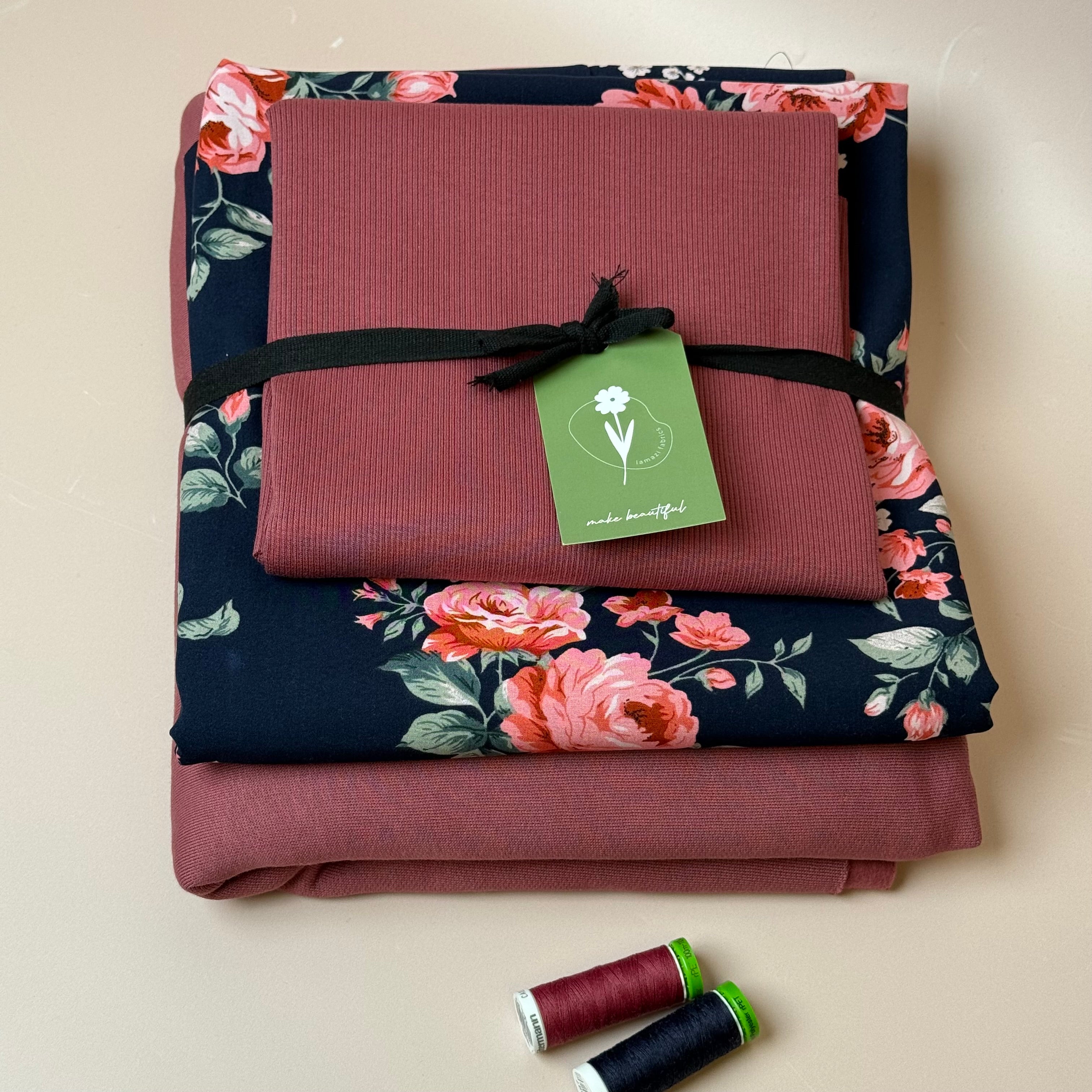 Make an Outfit Colour Bundle - Roses on Navy Viscose & Brushed Sweatshirt in Rosewood with Ribbing