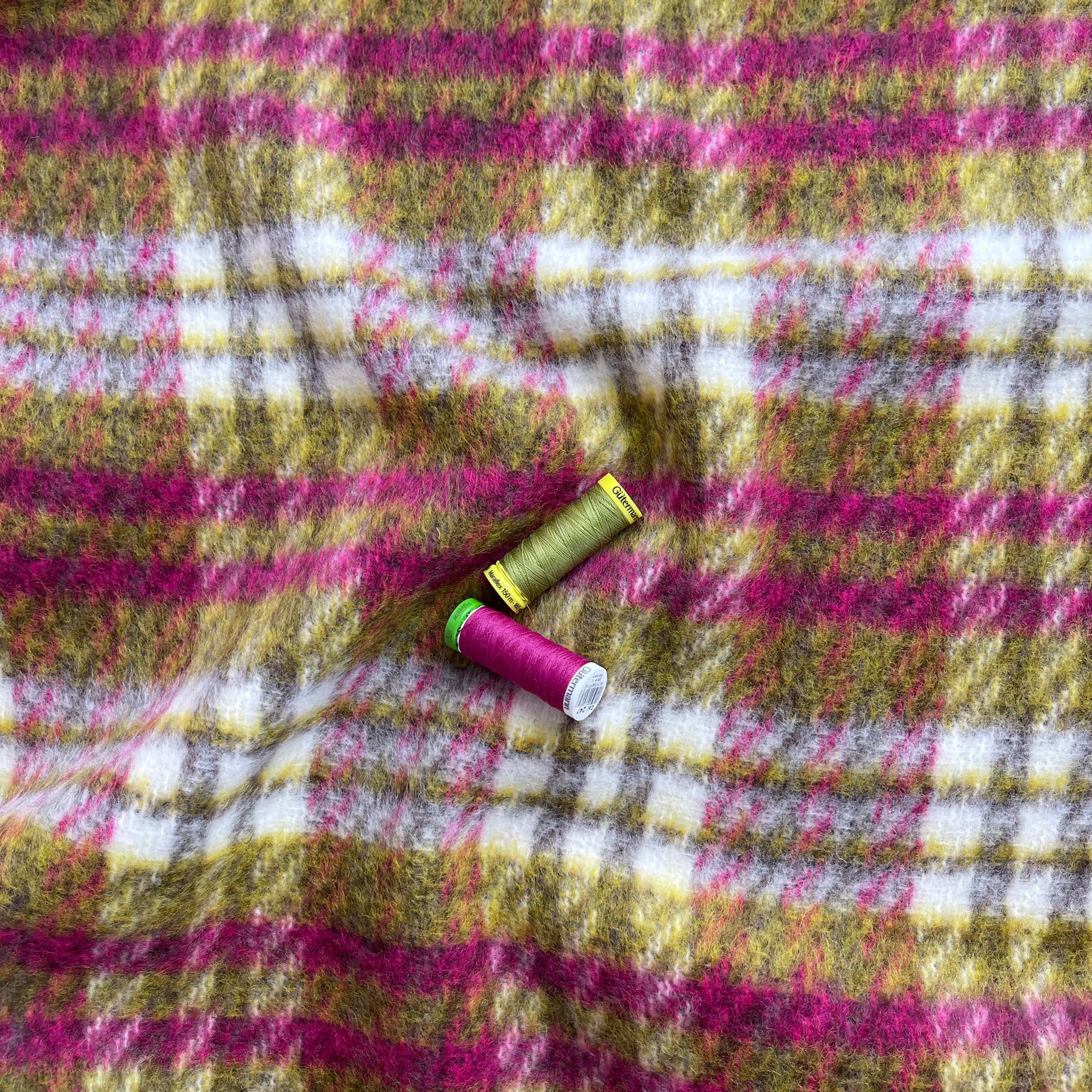 Kirstie in Green and Pink Checked Wool & Cotton Blend Coat Fabric