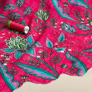 Lotus Flowers on Fuchsia Scalloped Embroidered Cotton Fabric