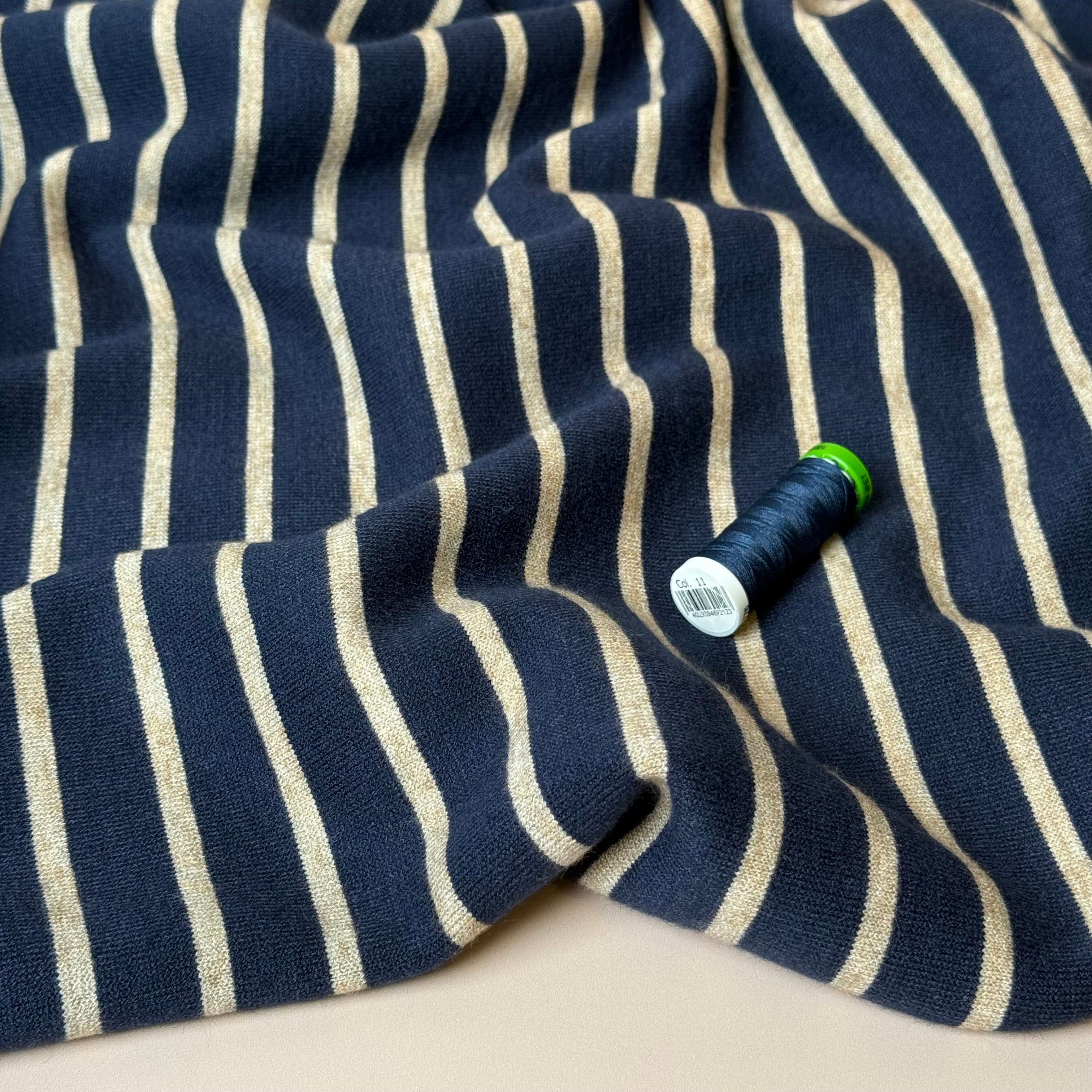 Yarn Dyed Viscose Blend Double Knit Stripes in Navy & Beige