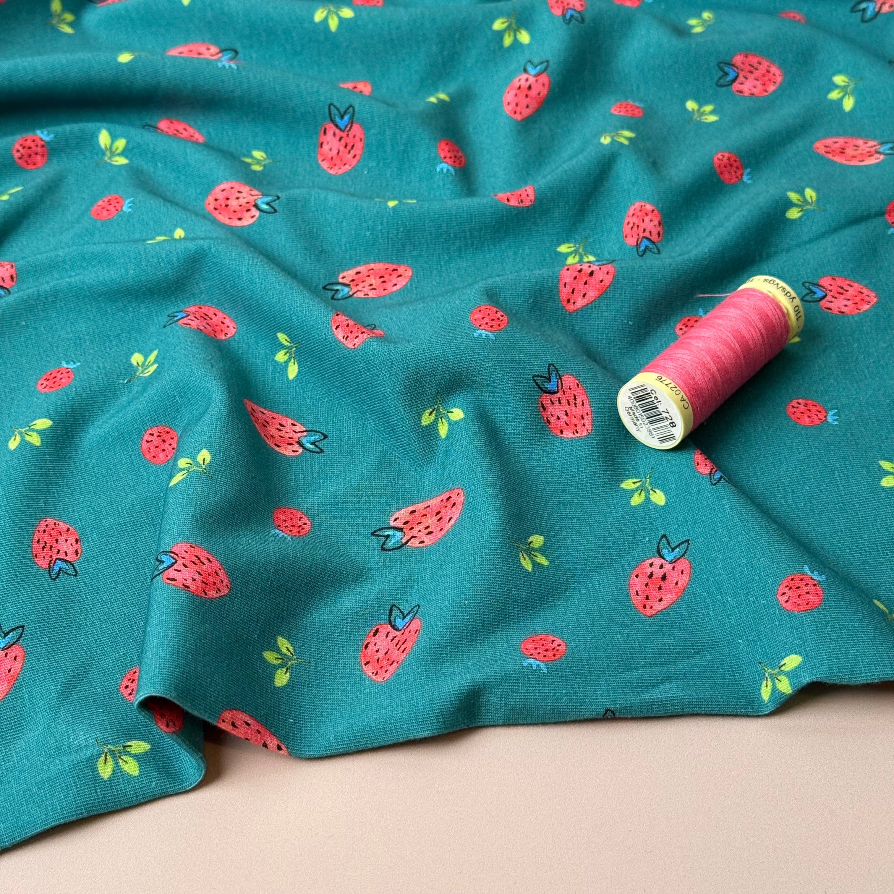 Strawberries on Teal Cotton Jersey Fabric