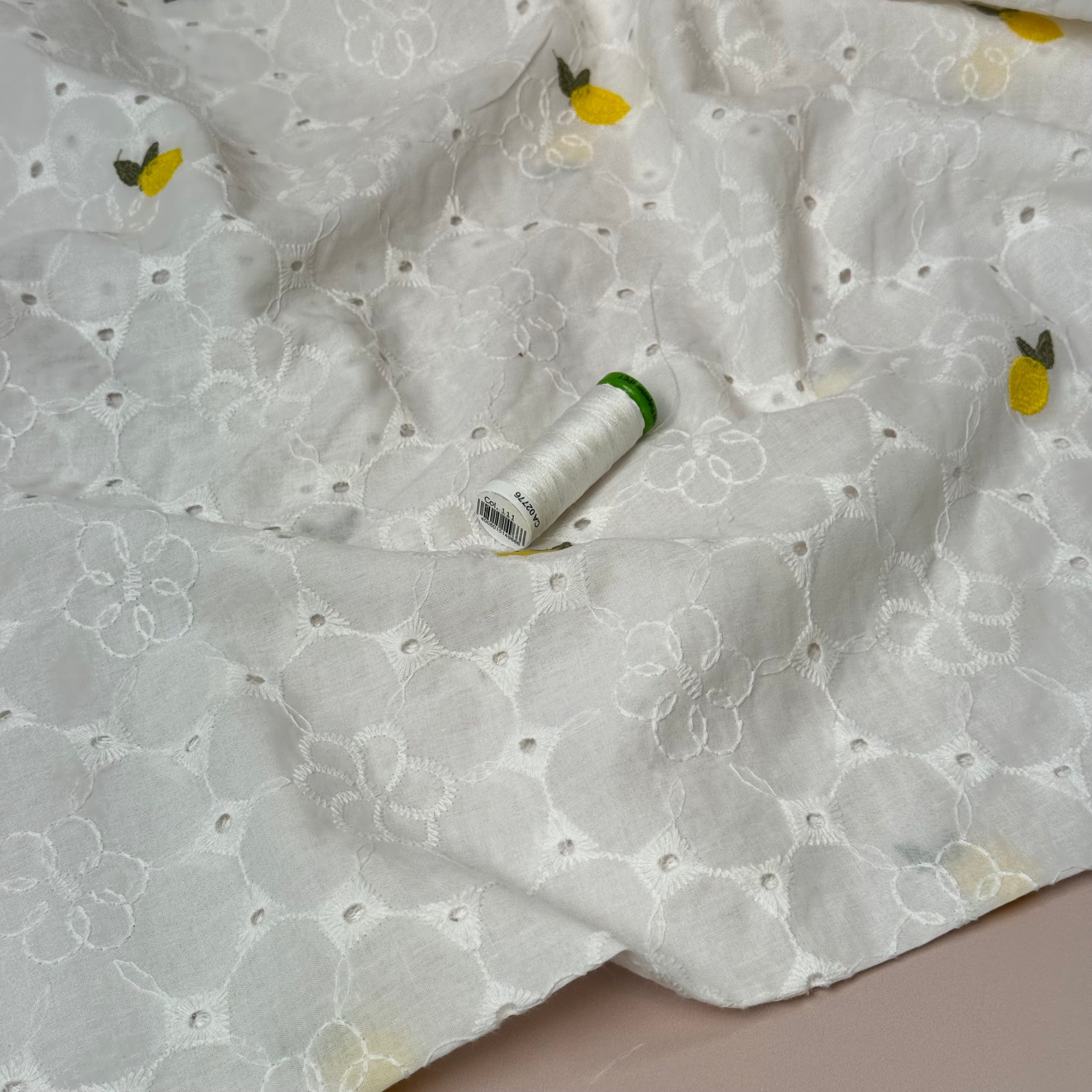 Embroidered Lemons White Cotton Voile Fabric
