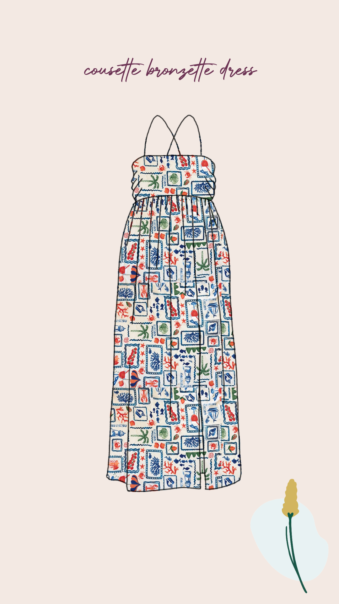 Seaside Postcard on Warm Beige Viscose Poplin Fabric