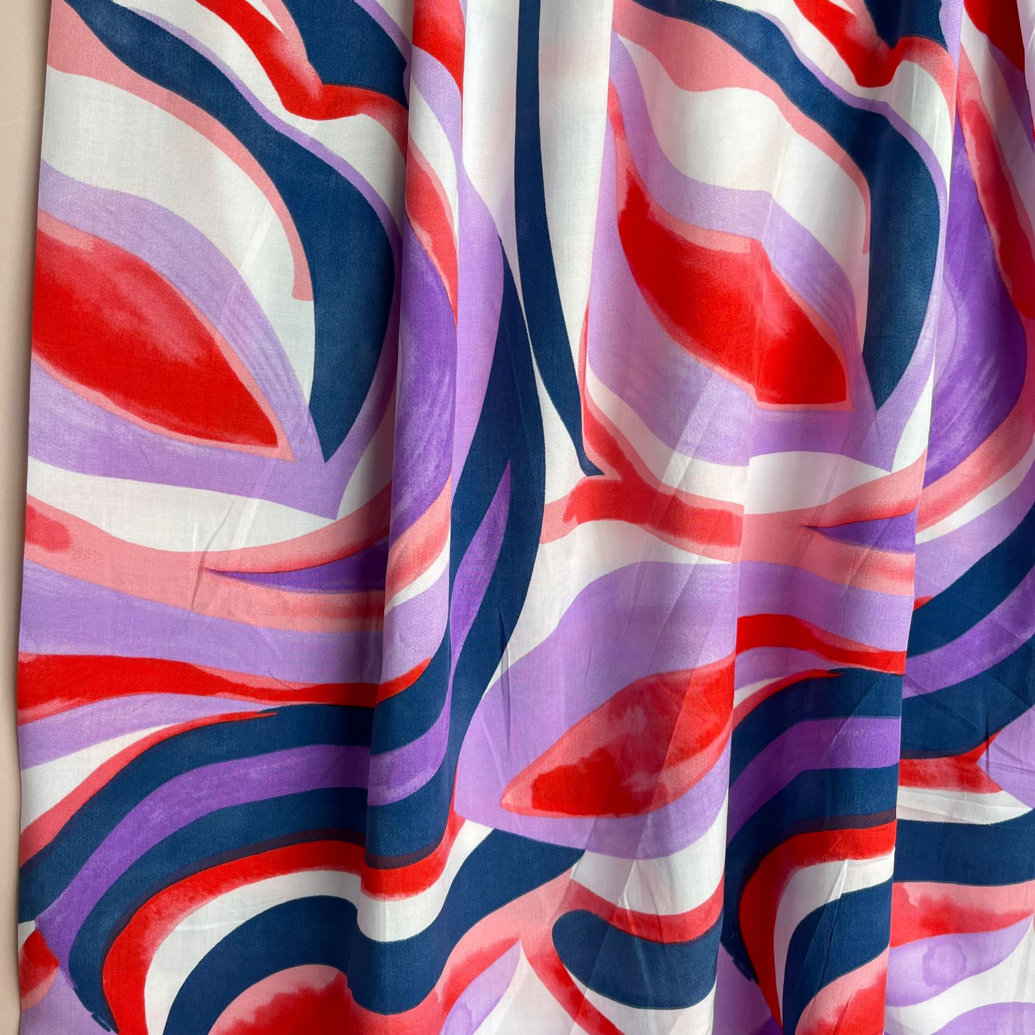 Abstract Waves Purple Viscose Poplin Fabric
