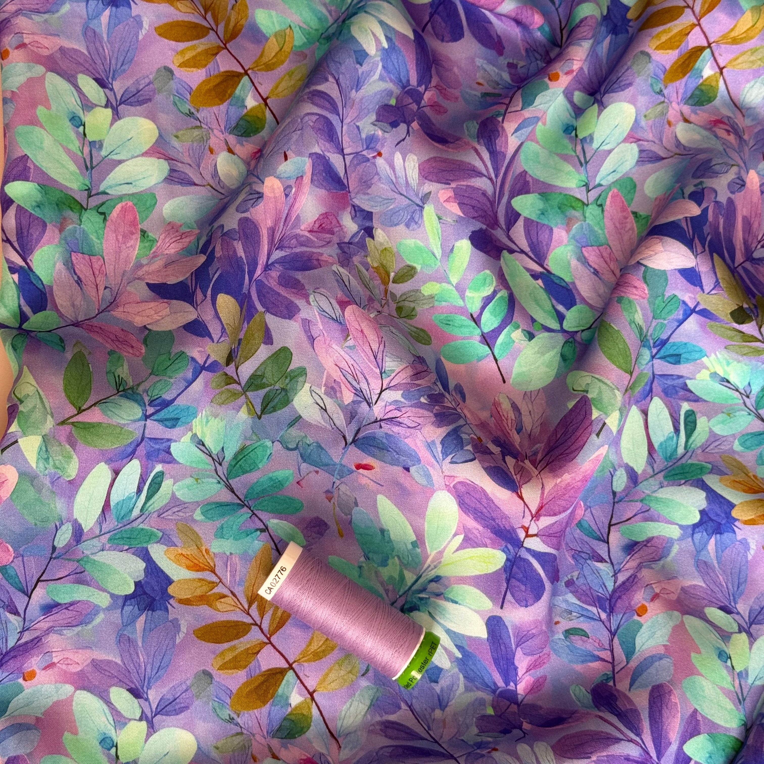 Purple Foliage Viscose Sateen Fabric