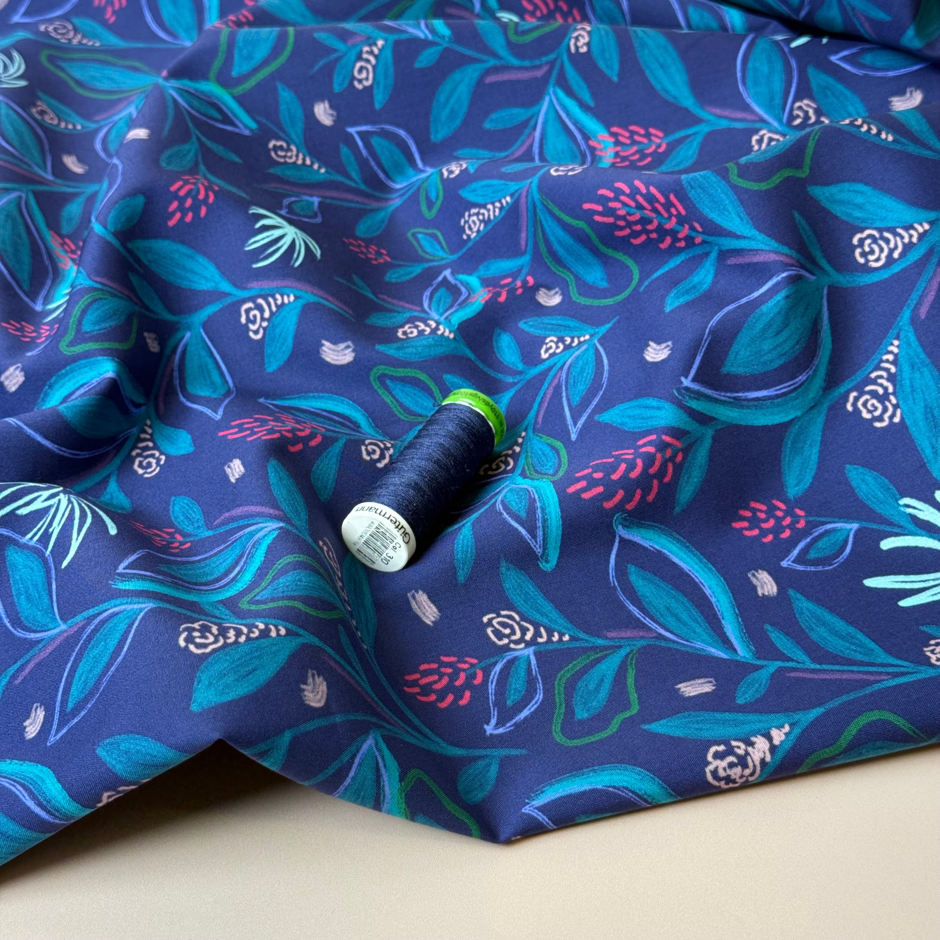 Flowering Branches in Blue Fine Cotton Poplin Fabric