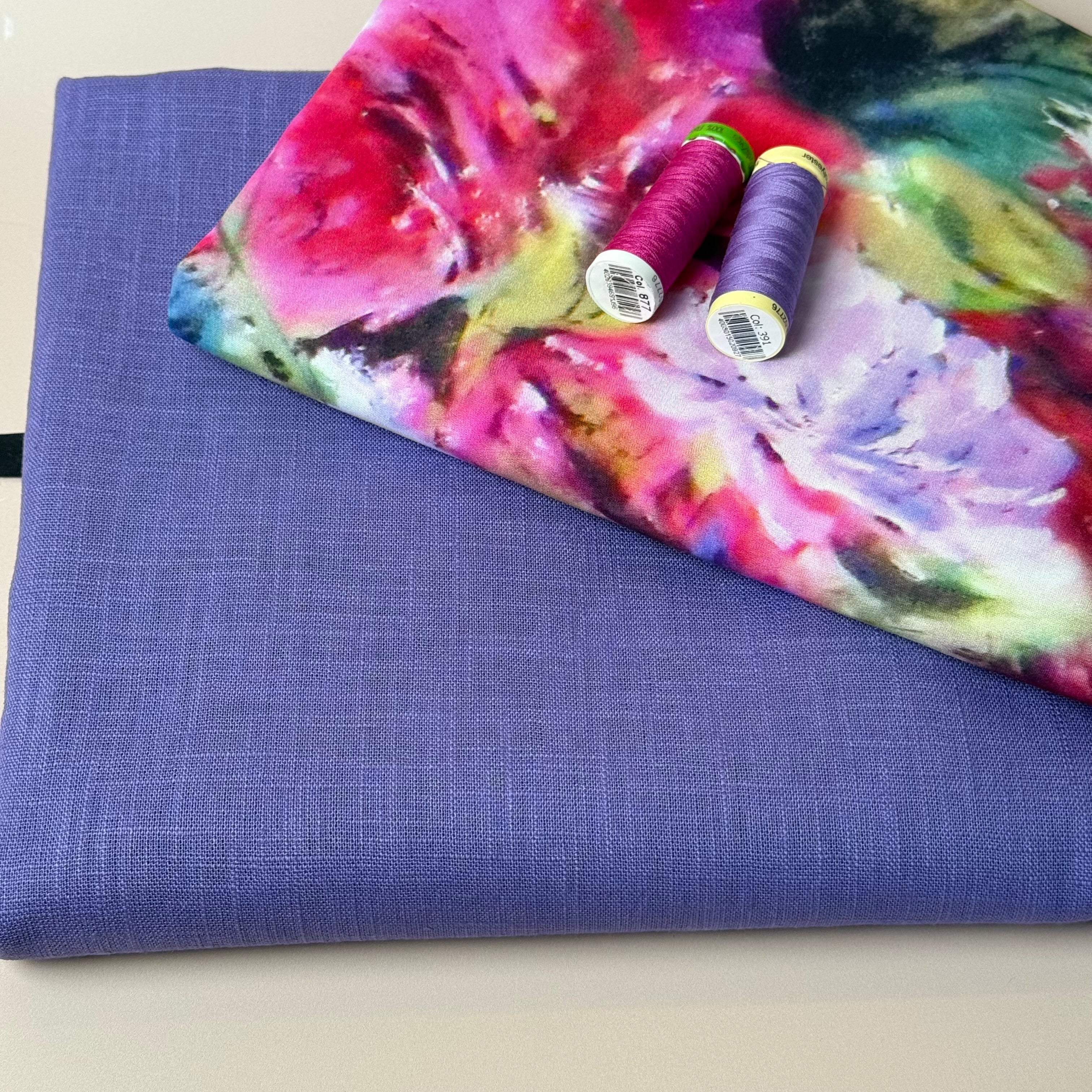 Make an Outfit Colour Bundle - Abstract Watercolour Florals Viscose with Breeze Violet Purple Linen