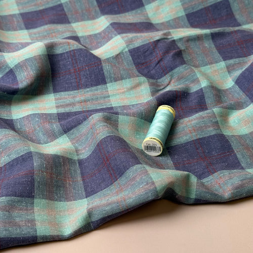 Yarn Dyed Mint and Purple Checks Linen Viscose Fabric