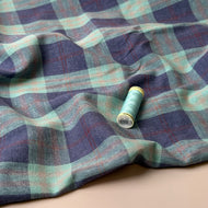 REMNANT 2.64 Metres - Yarn Dyed Mint and Purple Checks Linen Viscose Fabric