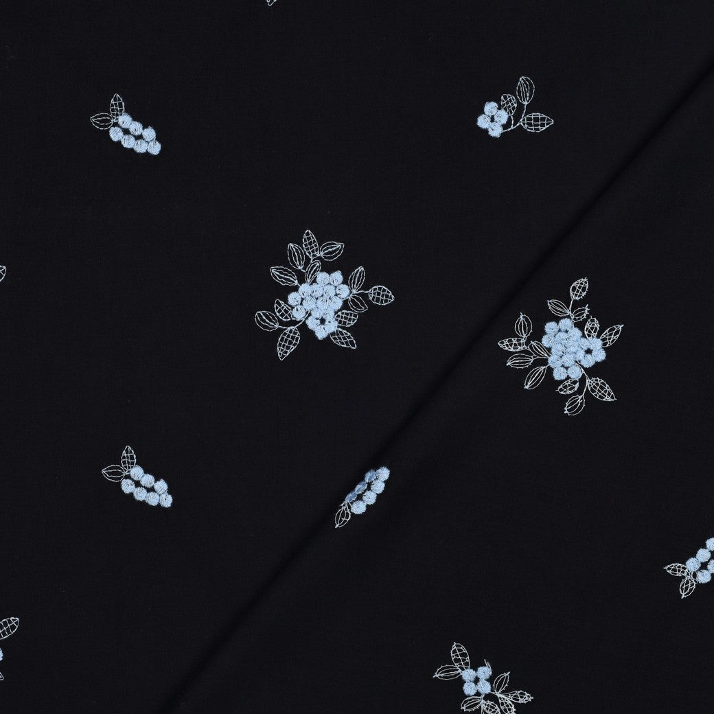 Embroidered Blue Flowers on Navy Cotton Fabric