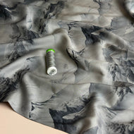 Mountains on Grey Viscose Sateen Fabric