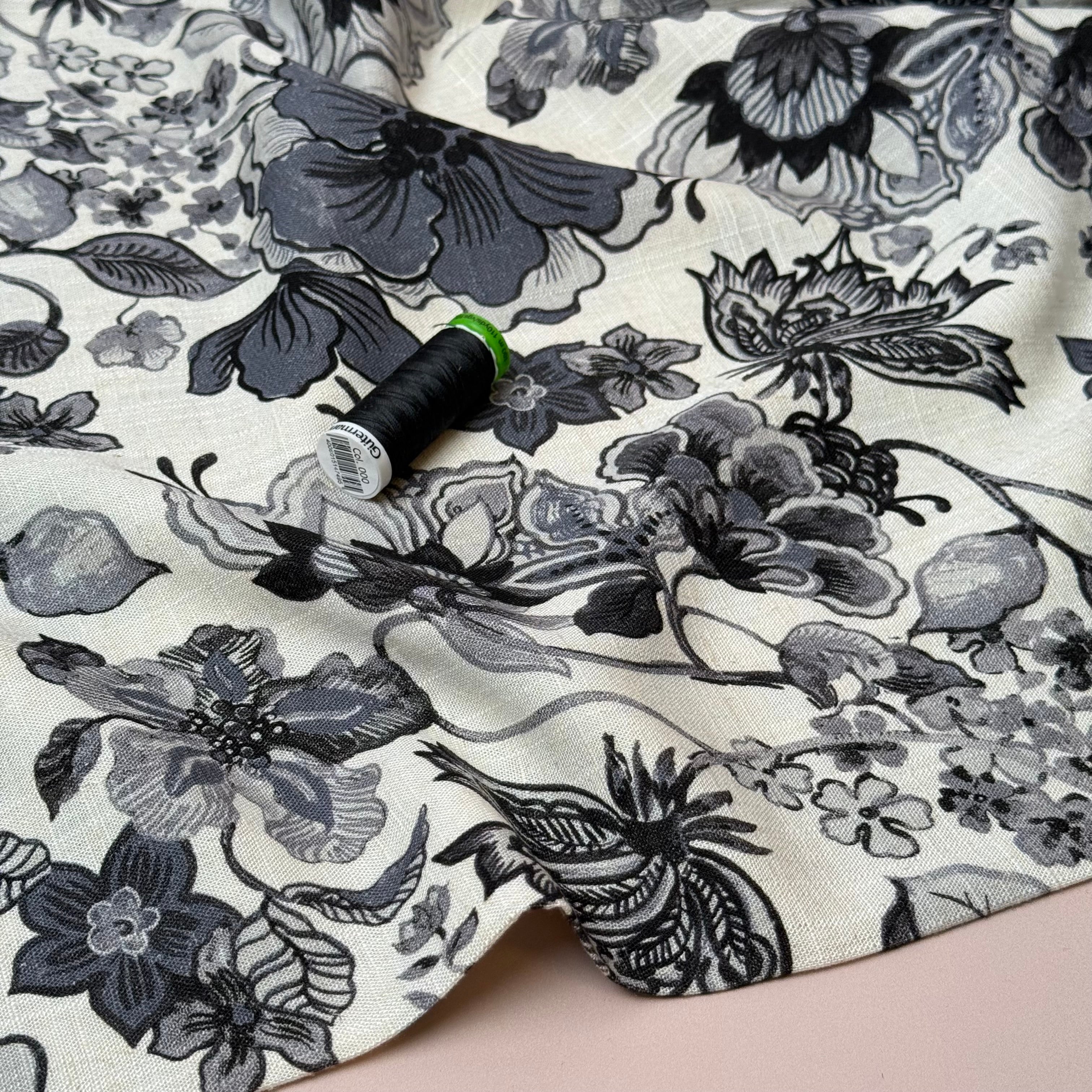 Henna Flowers Charcoal Grey Viscose Linen Fabric