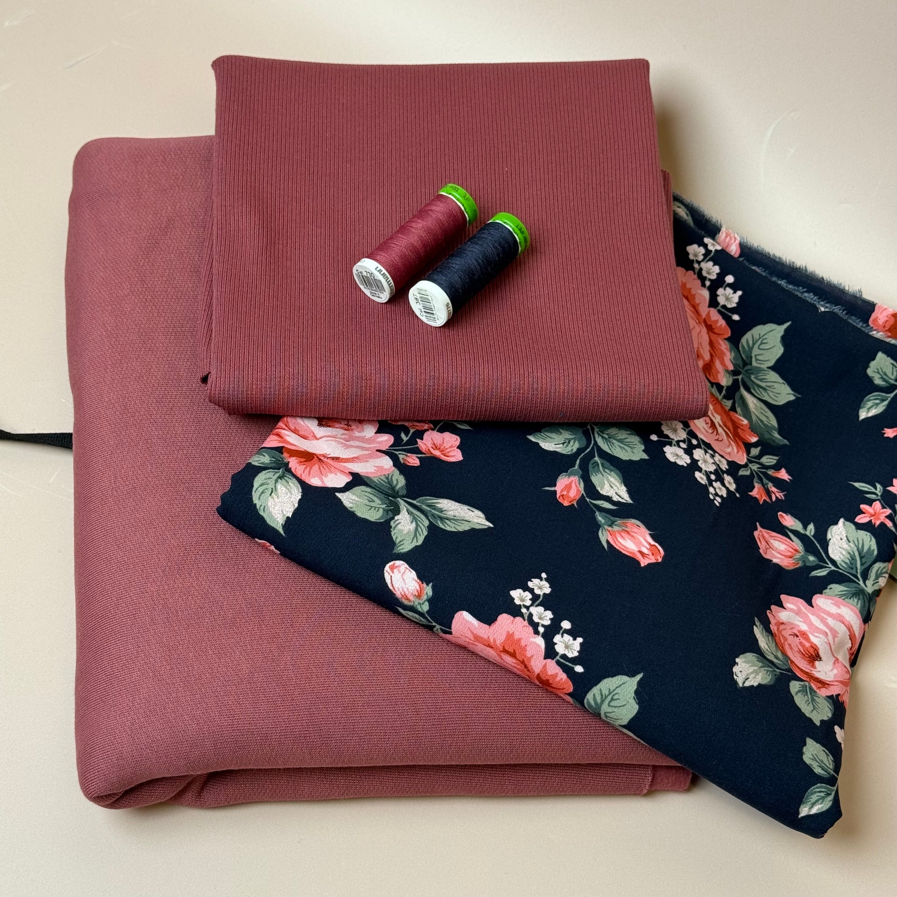 Make an Outfit Colour Bundle - Roses on Navy Viscose & Brushed Sweatshirt in Rosewood with Ribbing