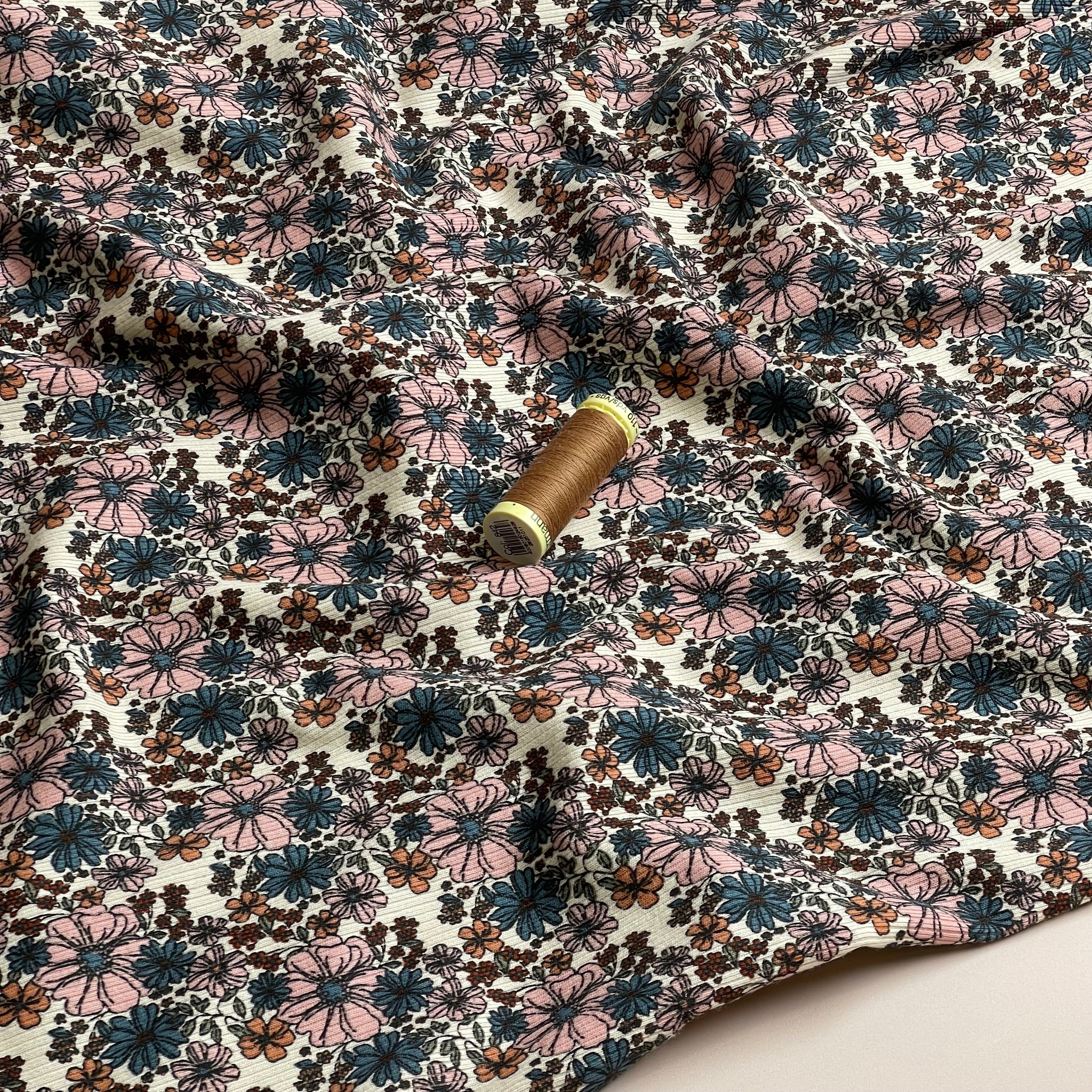 Flower Garden Petrol Cotton Ribbed Jersey