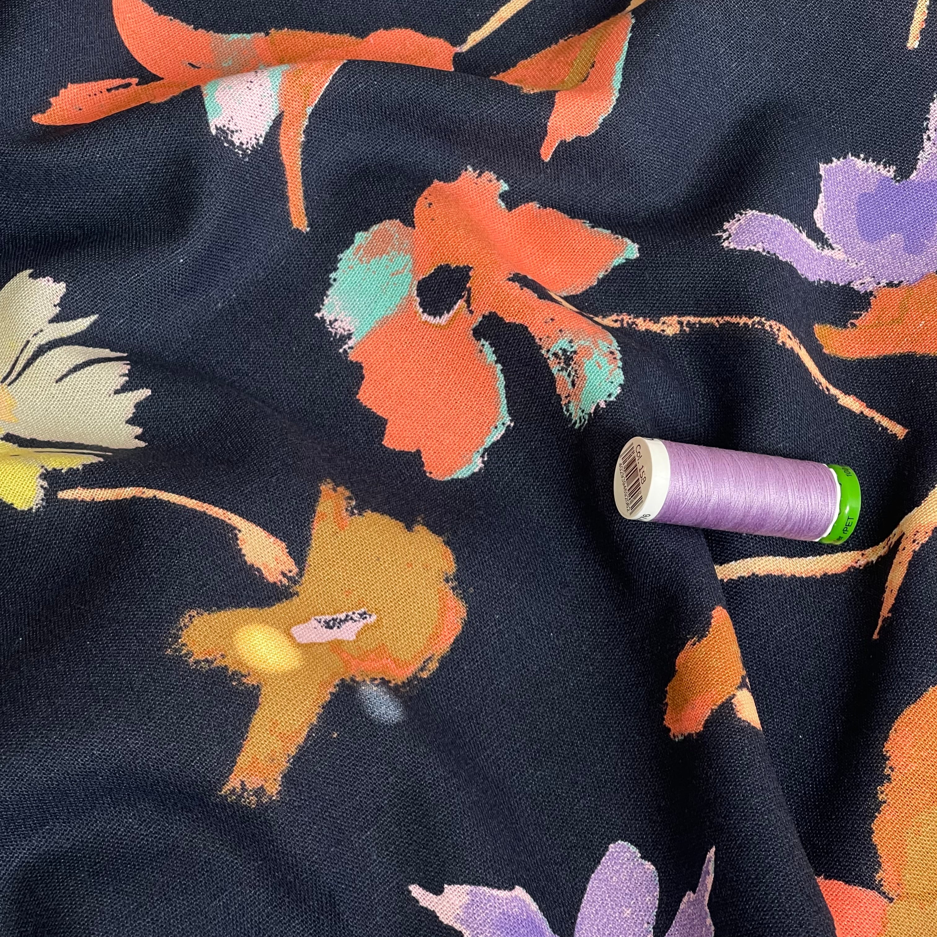 Abstract Blooms on Navy Viscose Linen Fabric