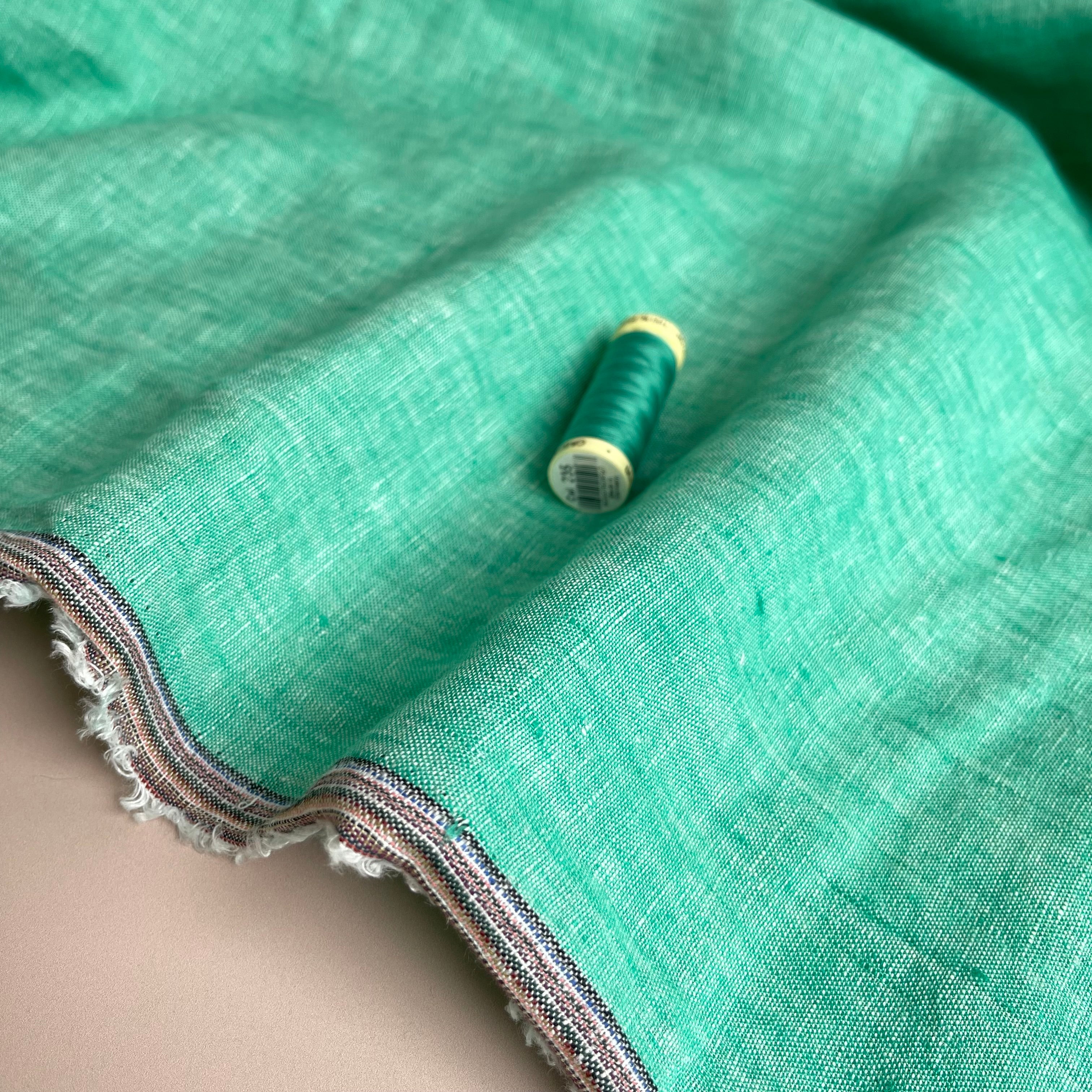 Yarn Dyed Pure Linen Fabric in Aqua Green