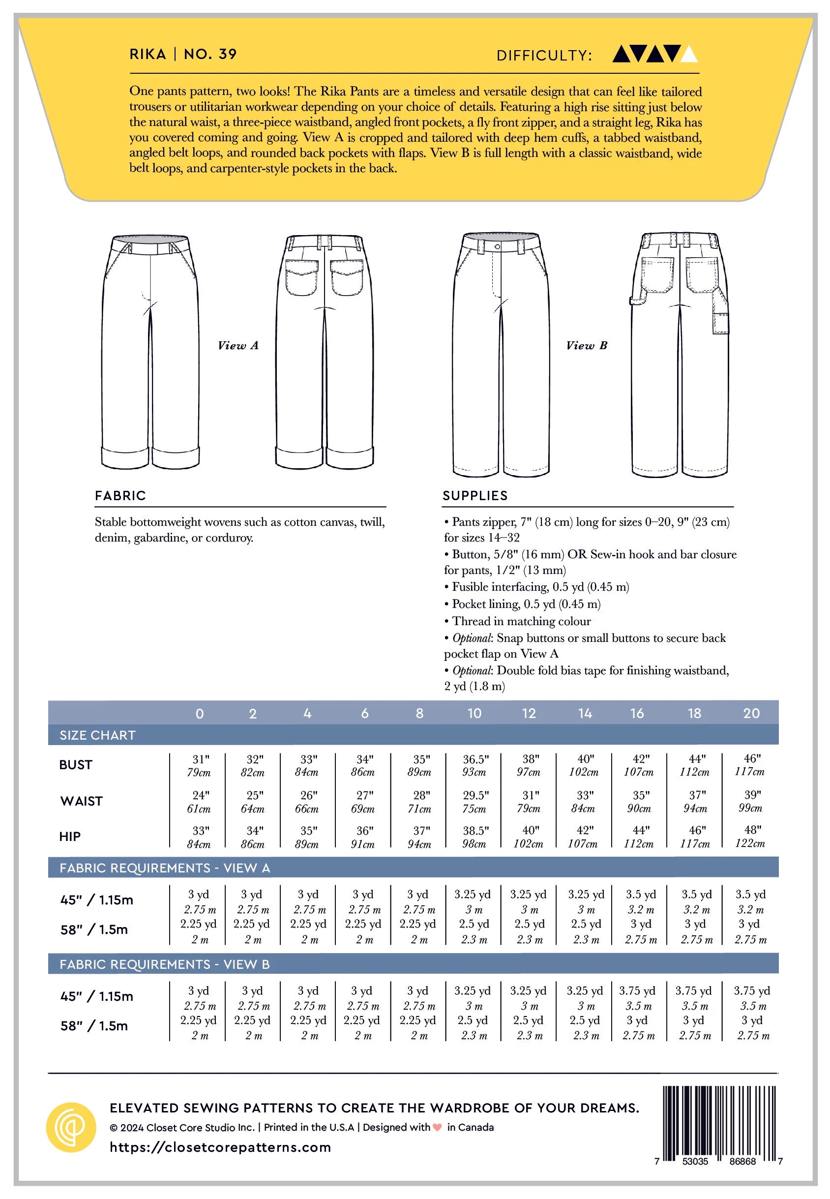 Closet Core - Rika Trousers Sewing Pattern