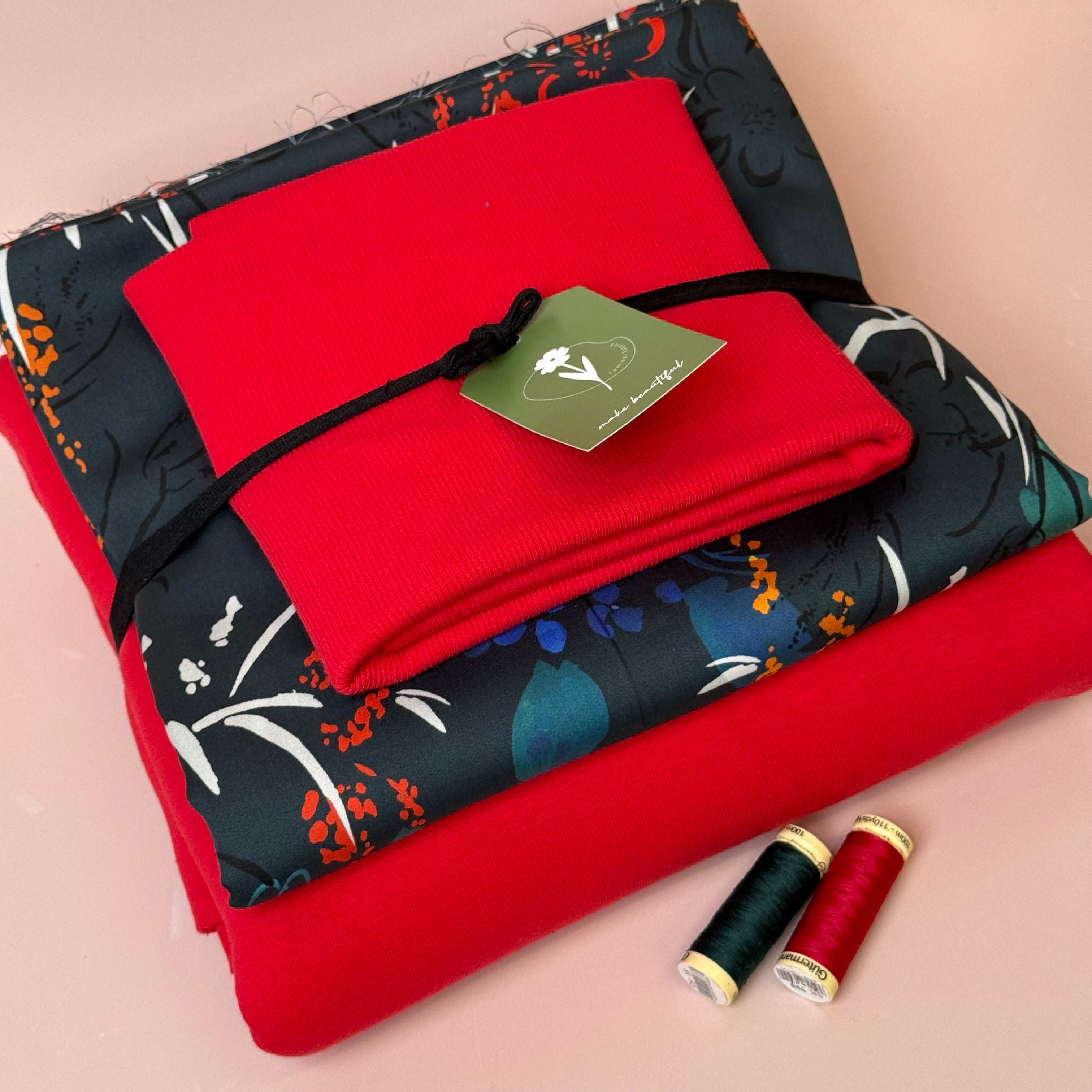 Make an Outfit Colour Bundle - Midnight Blooms Tencel Sateen & Sweatshirting in Red with Ribbing