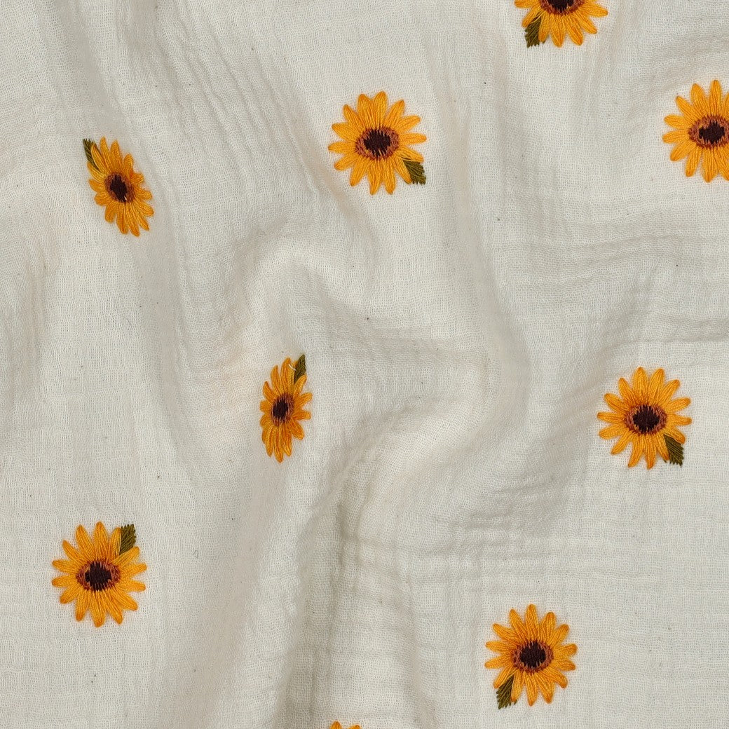 Embroidered Sunflowers on Natural Off-White Cotton Double Gauze