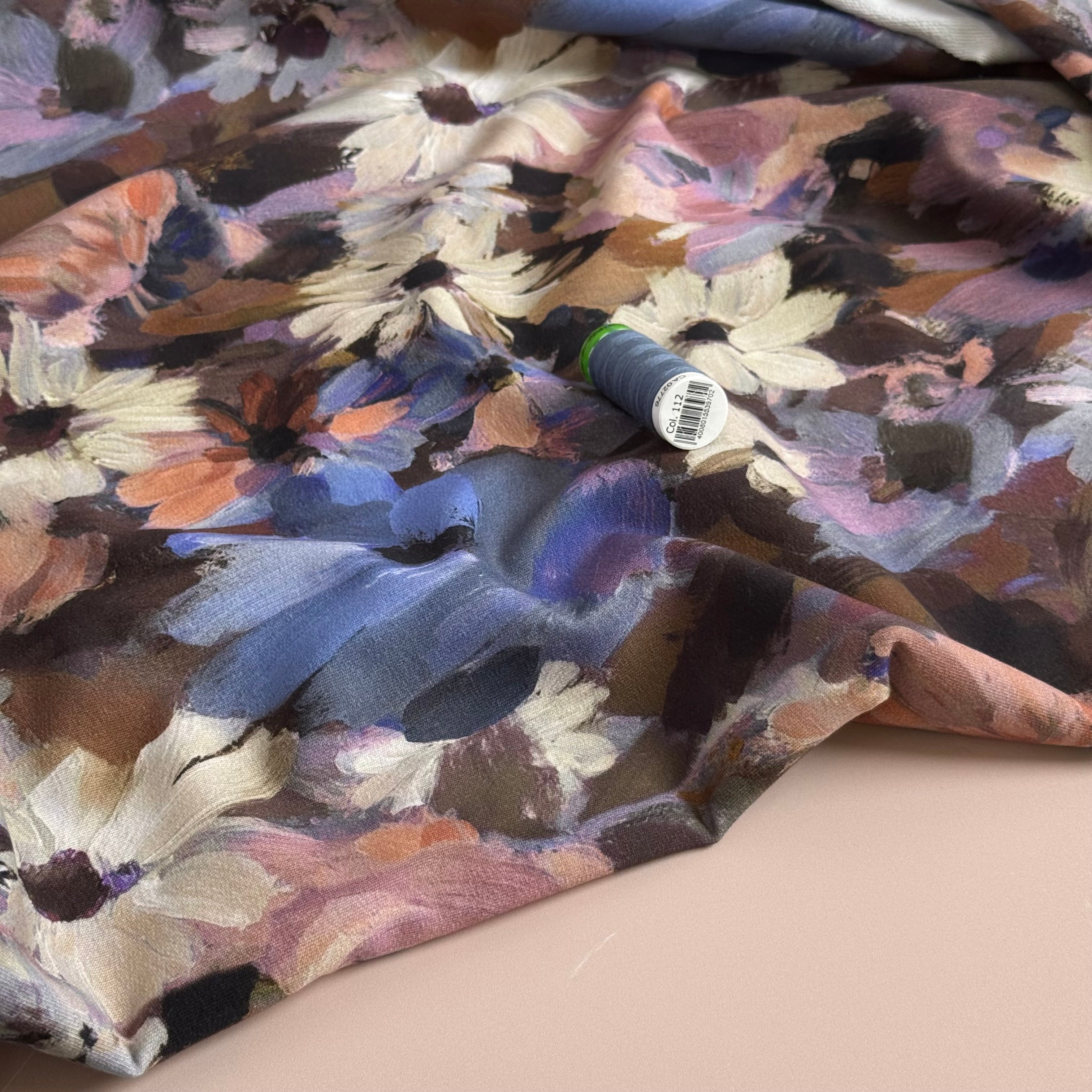 Painted Florals Brown Cotton French Terry Fabric
