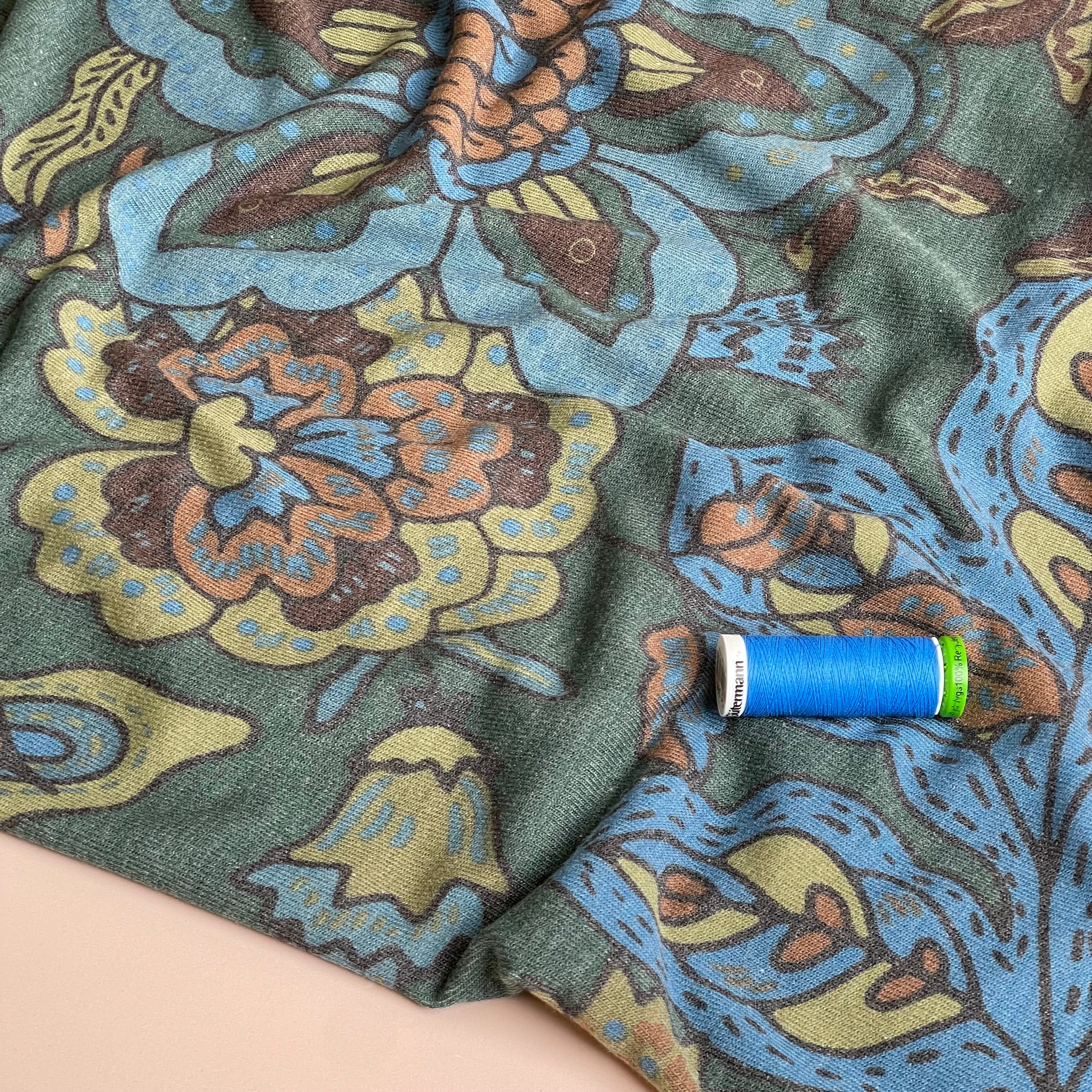Autumn Flowers Petrol Light Viscose Blend Knit