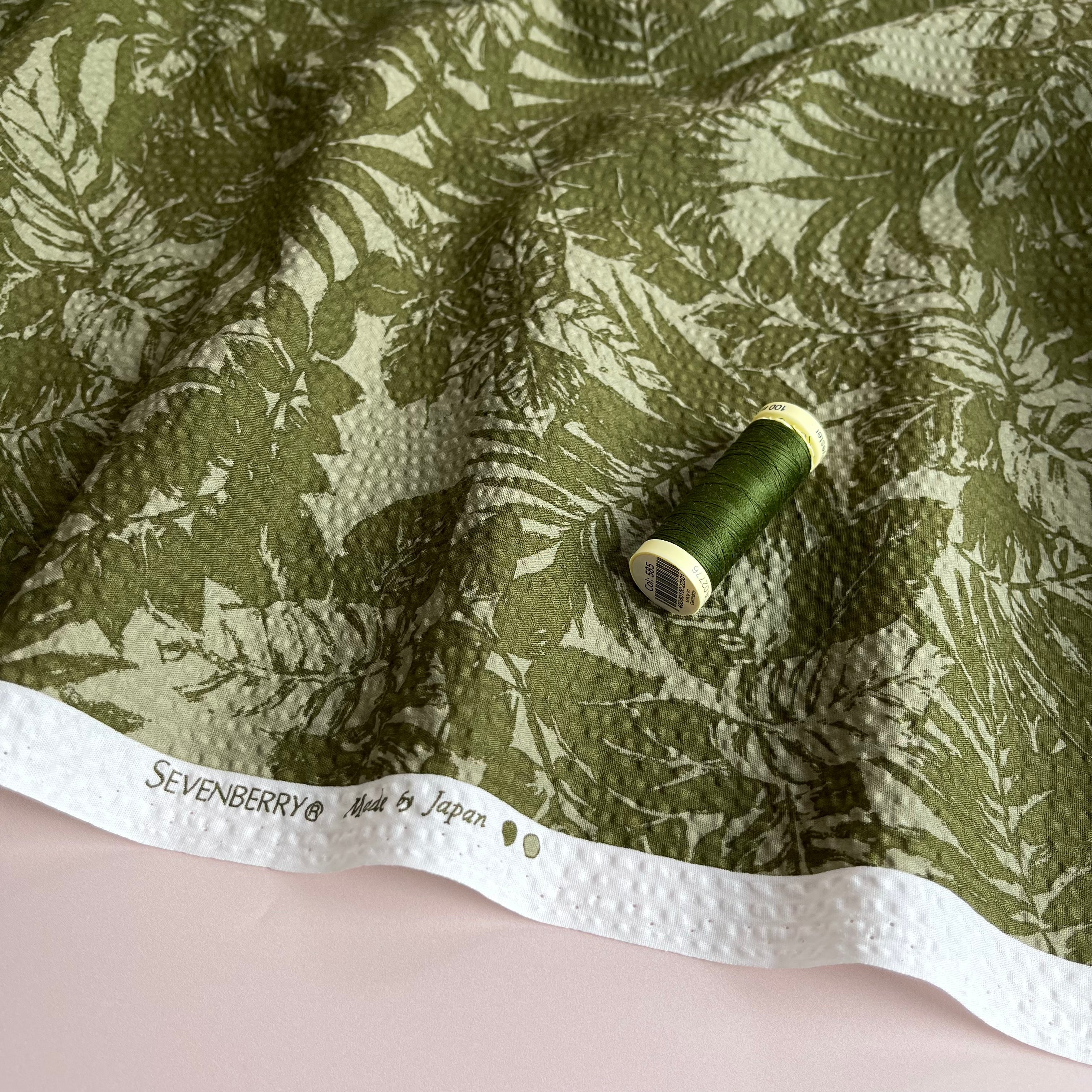 Tropical Foliage Khaki Cotton Seersucker Fabric