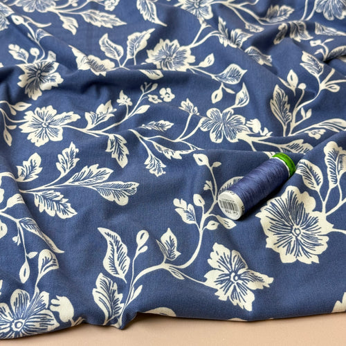 Flowers on Coastal Blue Viscose Jersey Fabric