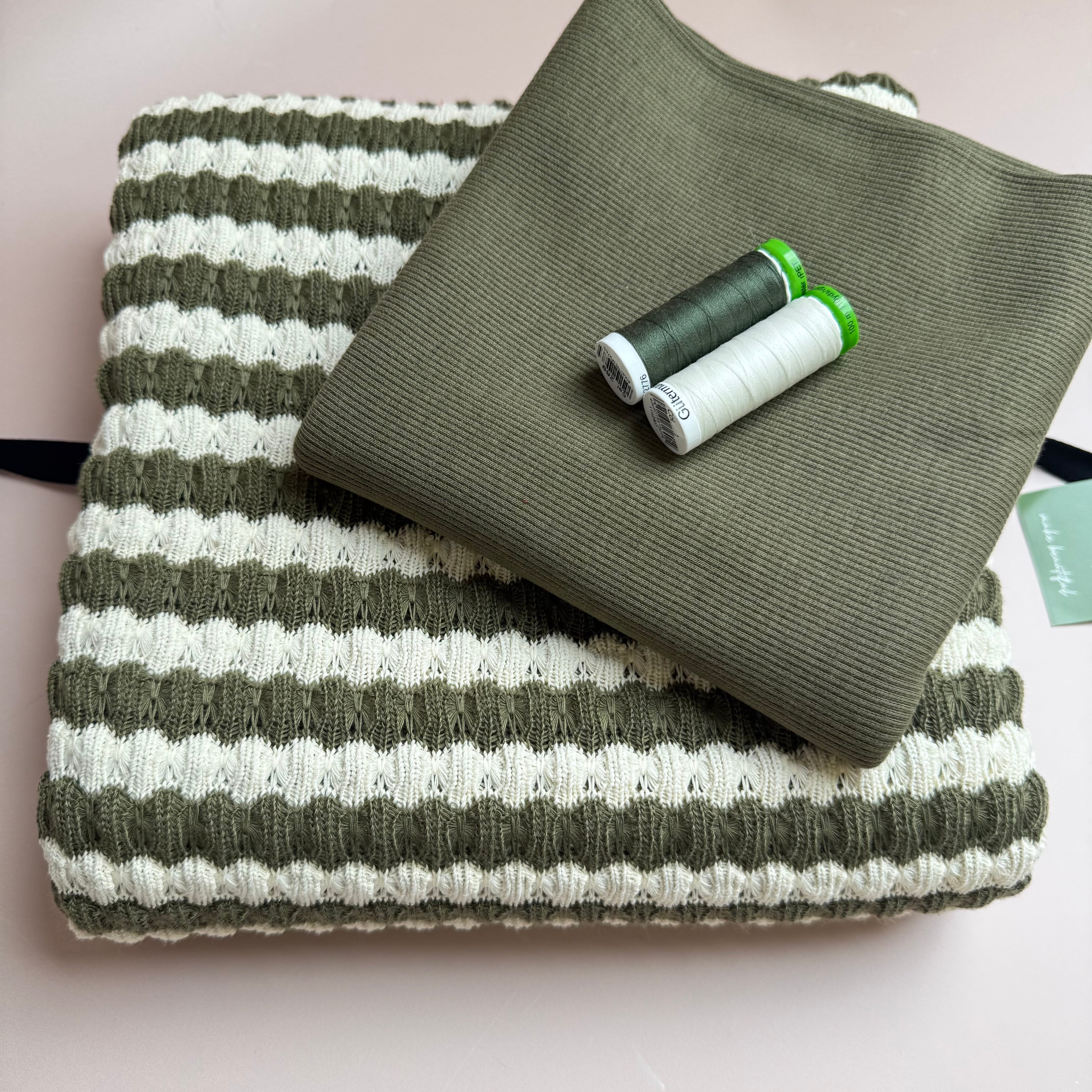 Make an Outfit Colour Bundles & Sewing Kit- Arielle Top in Summer Knitted Jacquard Olive & Matching Ribbing