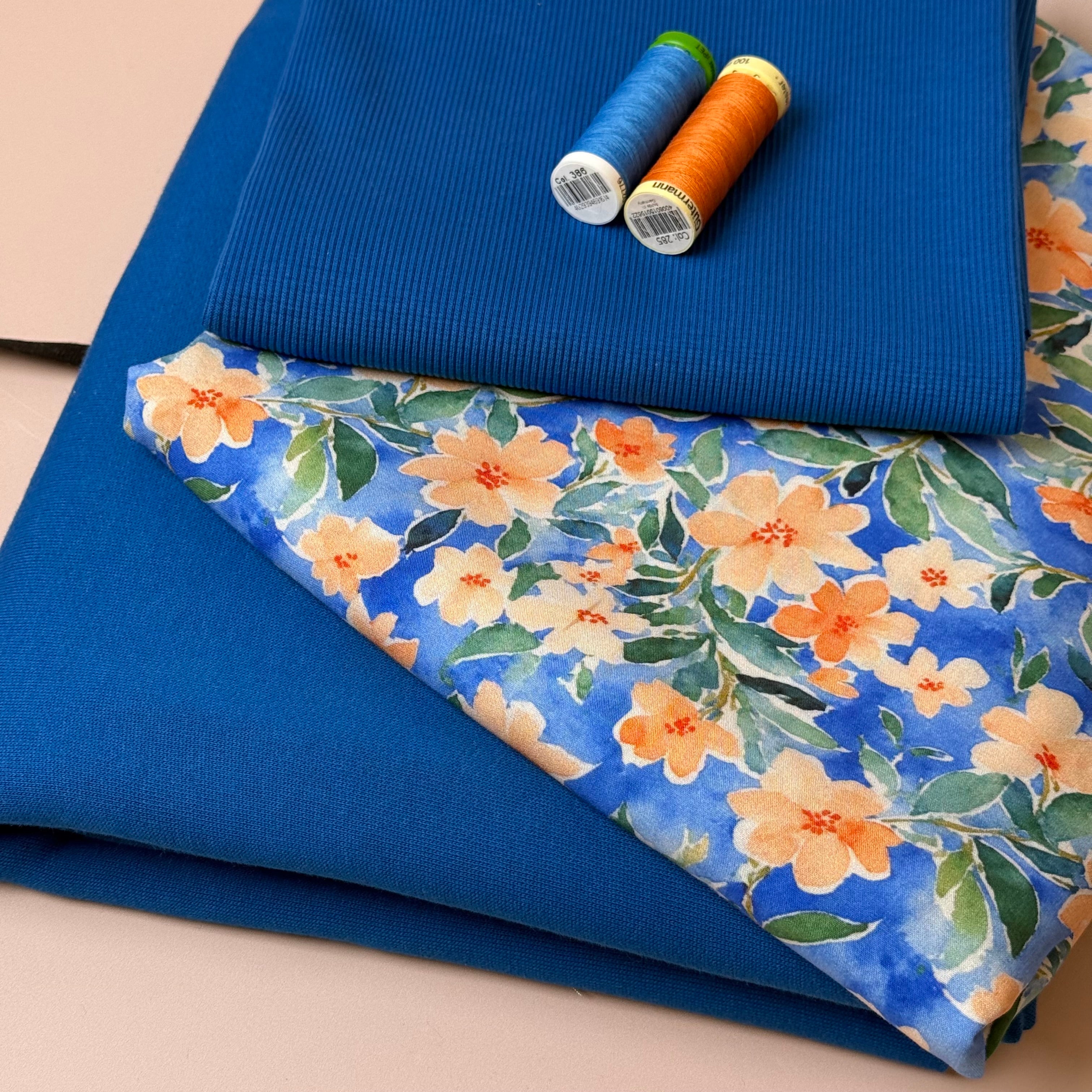 Make an Outfit Colour Bundle - Peach Flowers Viscose & Brushed Sweatshirt in Intense Blue with Ribbing