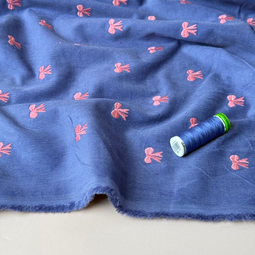 Embroidered Bows on Cornflower Blue Cotton Needlecord