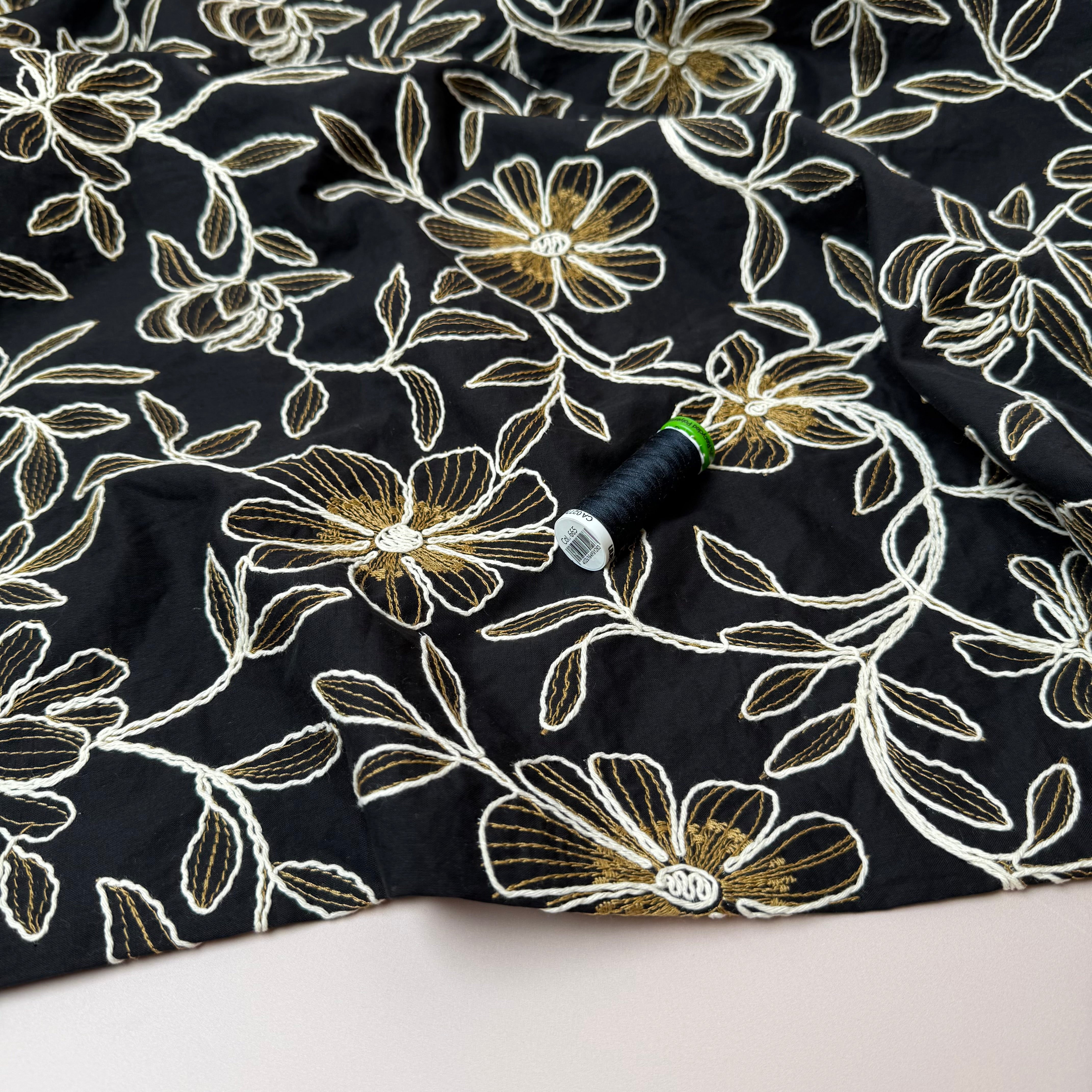 Embroidered Flowers Cotton Fabric in Black