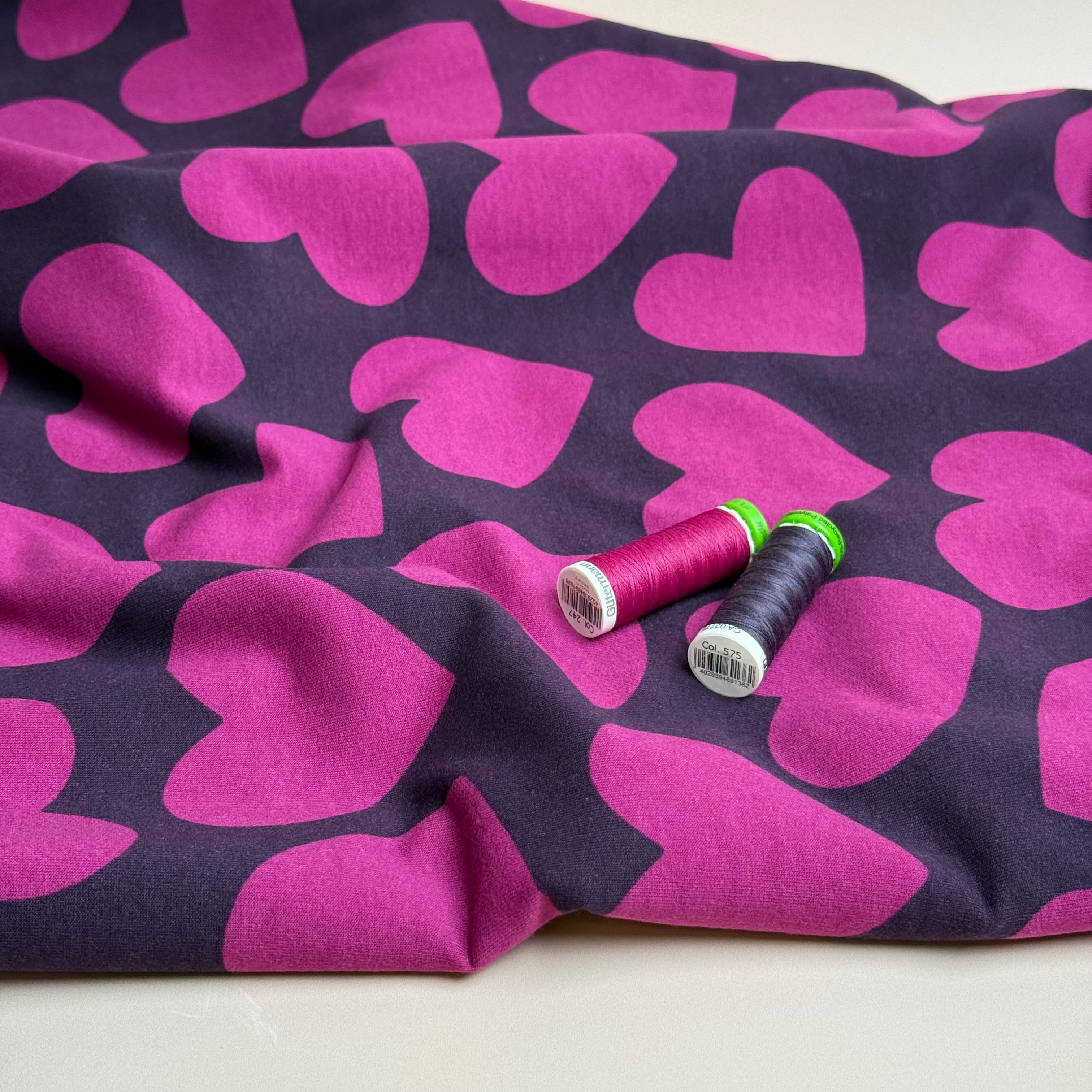 Purple Hearts on Pink Peach Soft Cotton Sweat-shirting Fabric