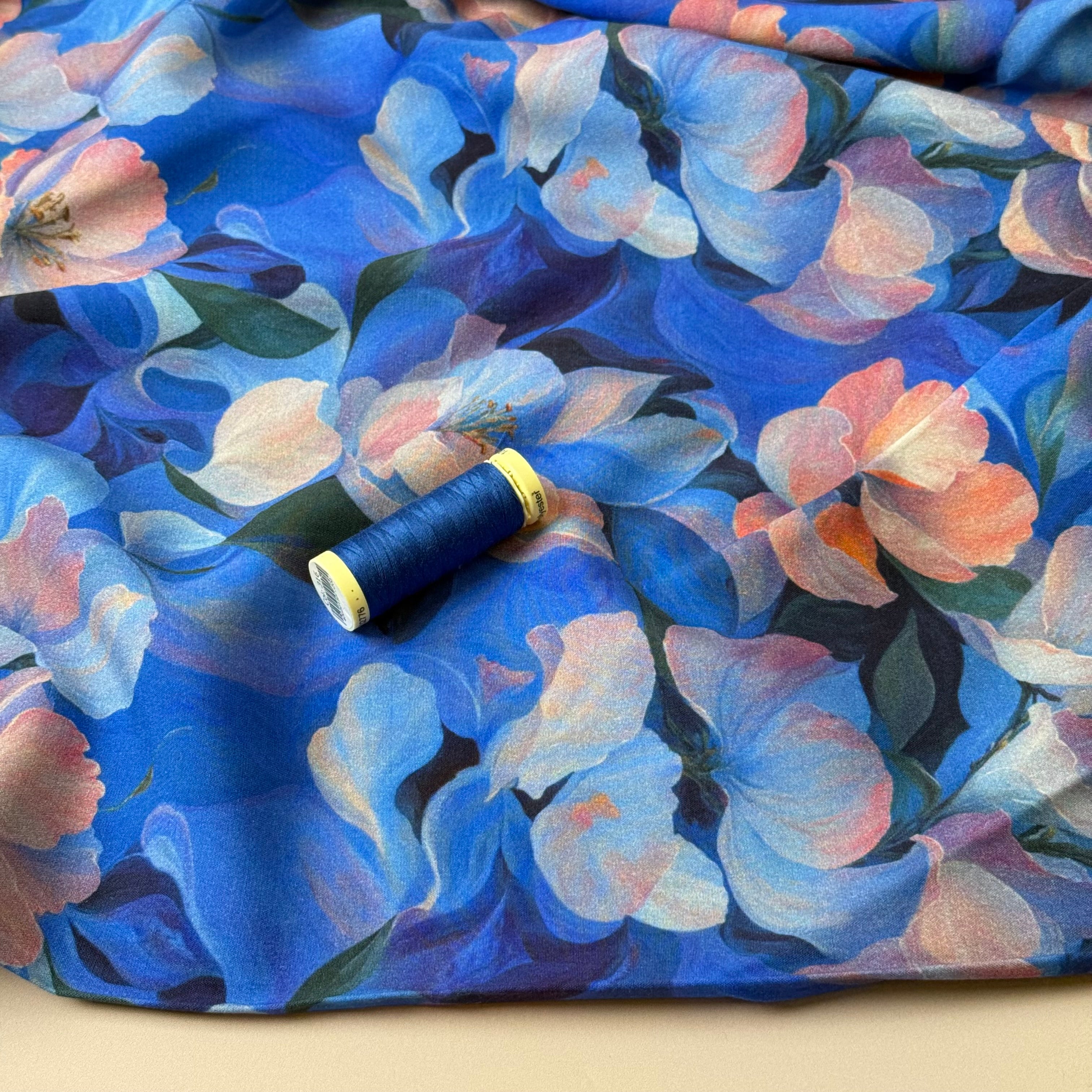 Watercolour Blue Flowers Viscose Twill with Stretch