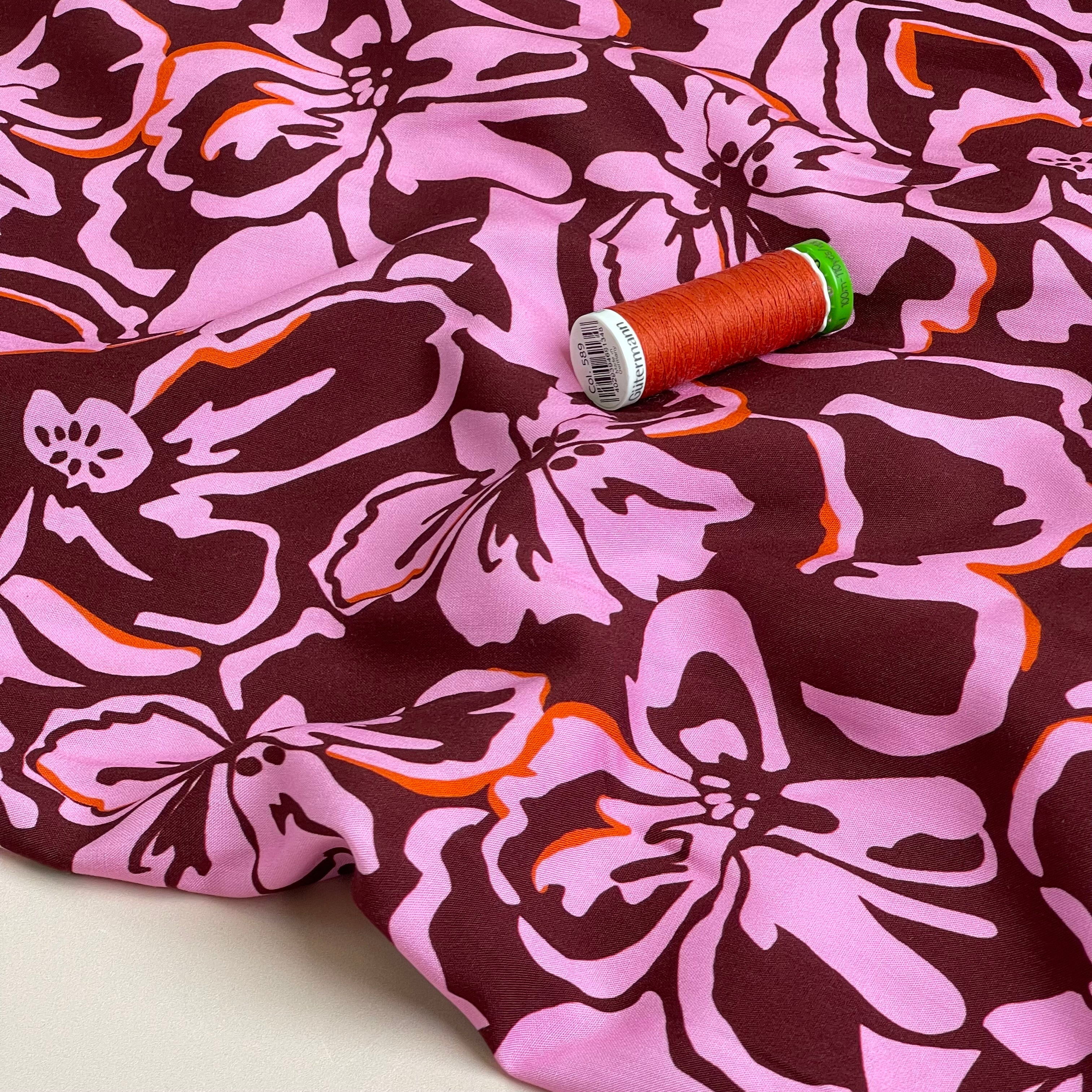 Flowers on Burgundy LENZING™ ECOVERO™ Viscose Fabric