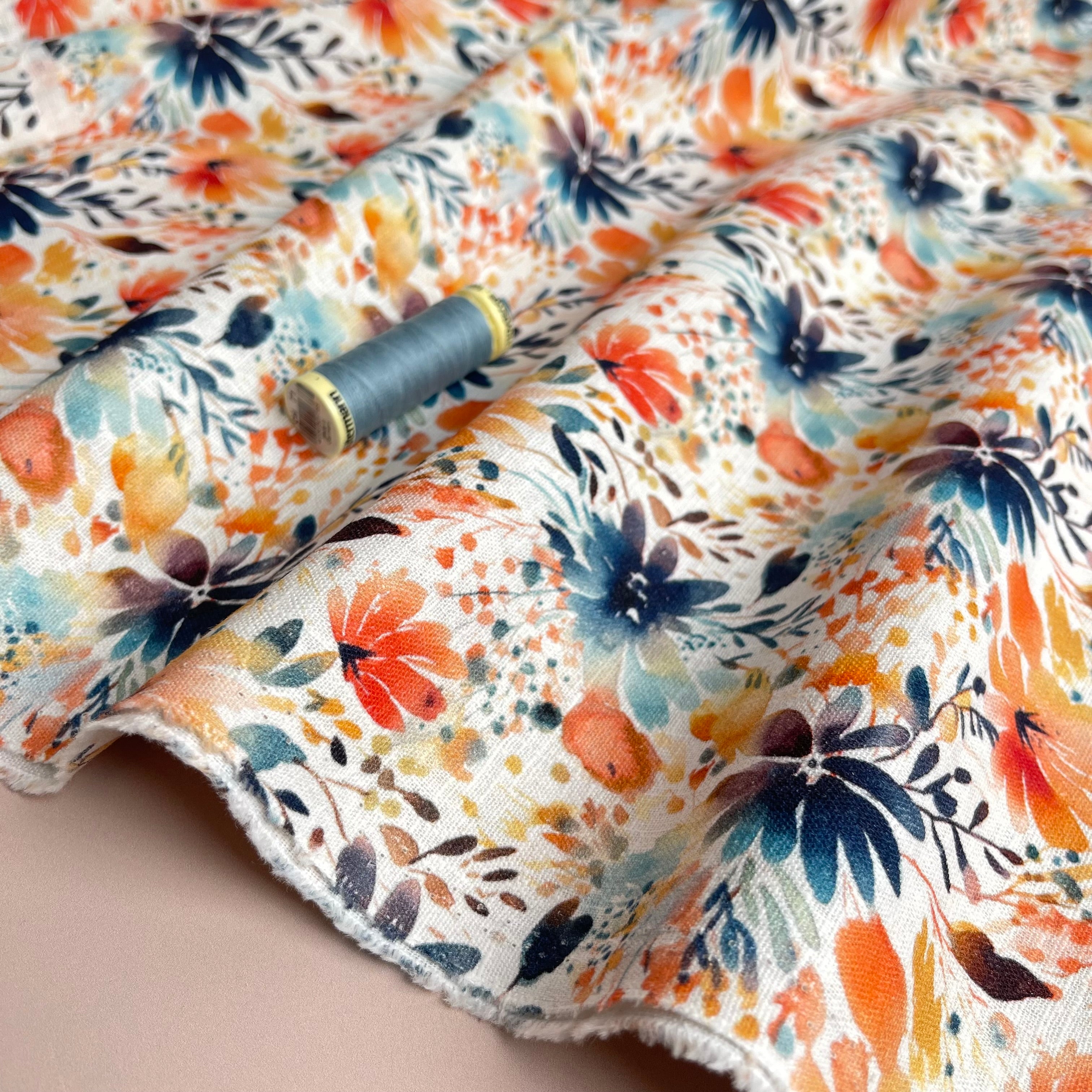 Orange Flowers Linen Cotton Blend Fabric